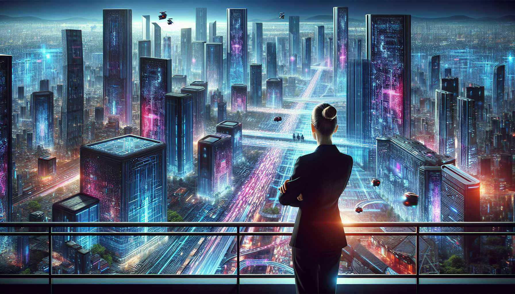 a visionary tech leader looking at a futuristic cityscape