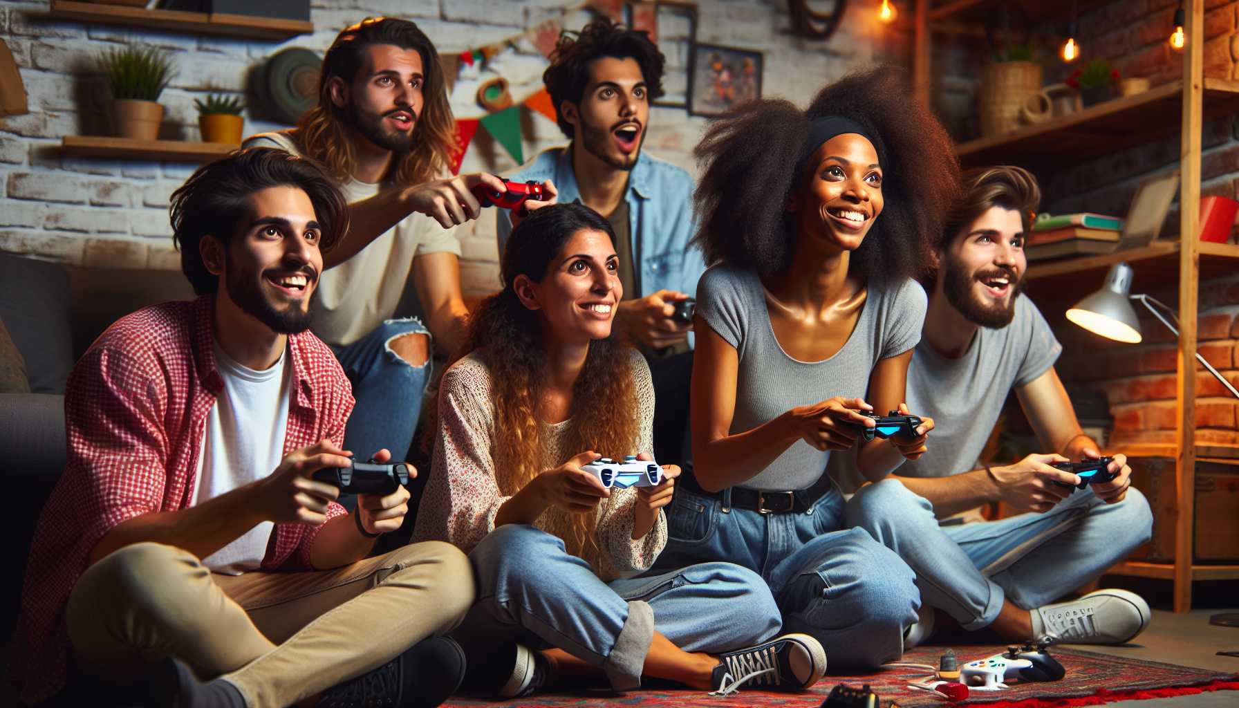 A group of people playing video games in a brightly lit room