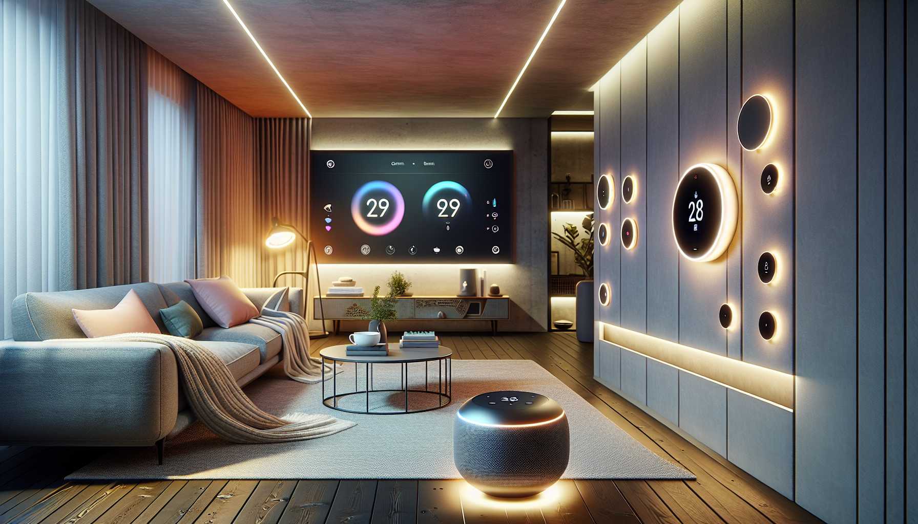 A modern living room with smart home devices such as a smart speaker, smart lights, and a smart thermostat.