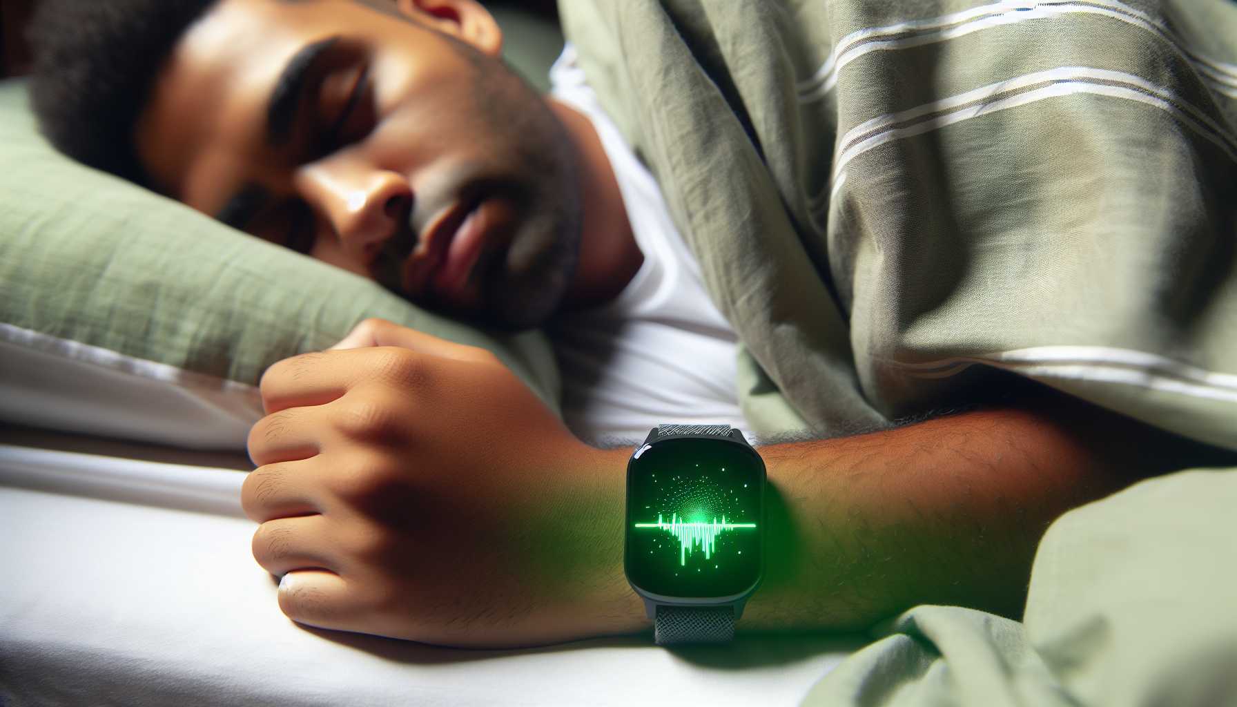 A person wearing a smartwatch in bed, tracking their sleep