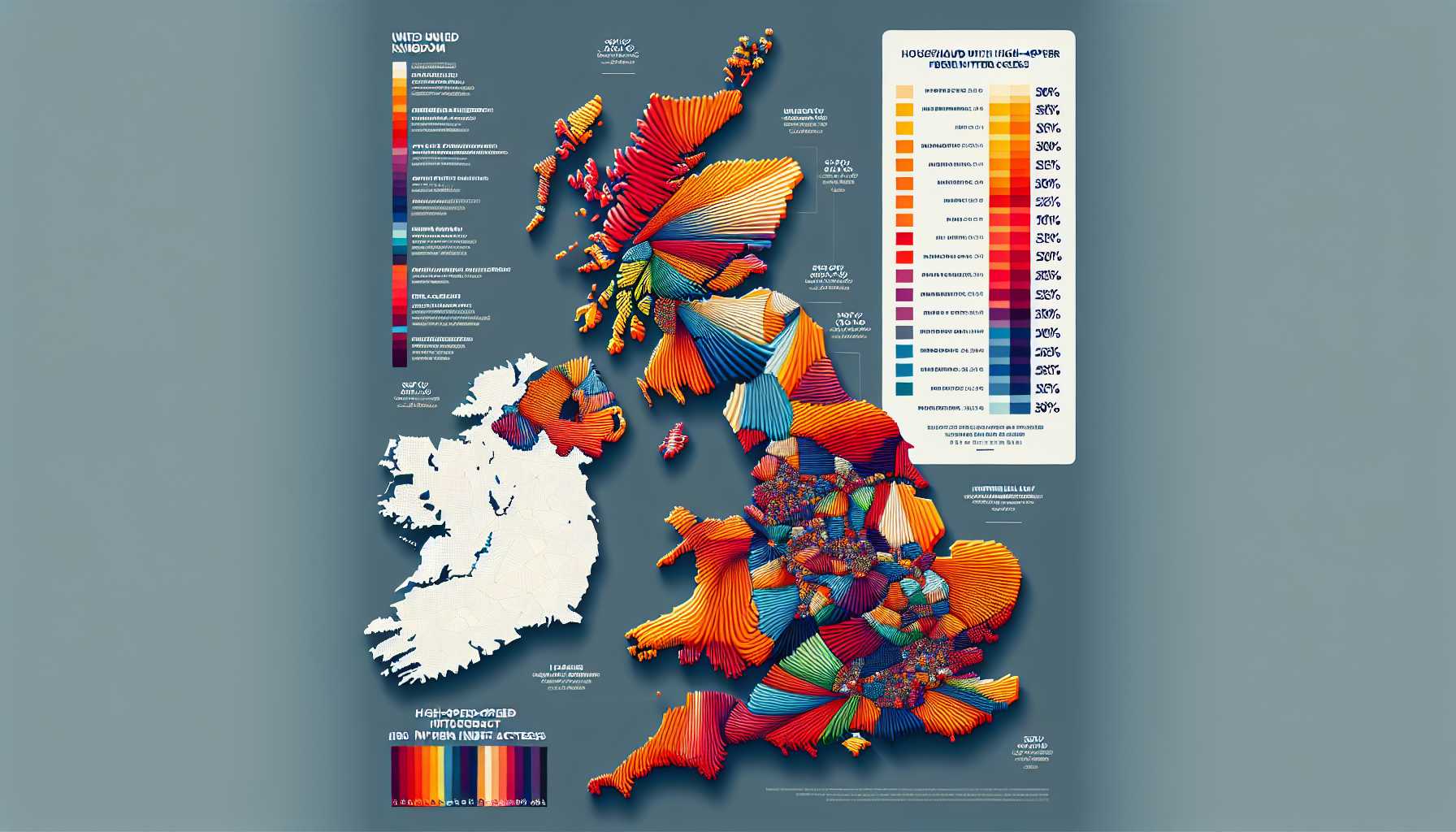 Map of the UK showing the percentage of households with access to high-speed fiber internet in each region.