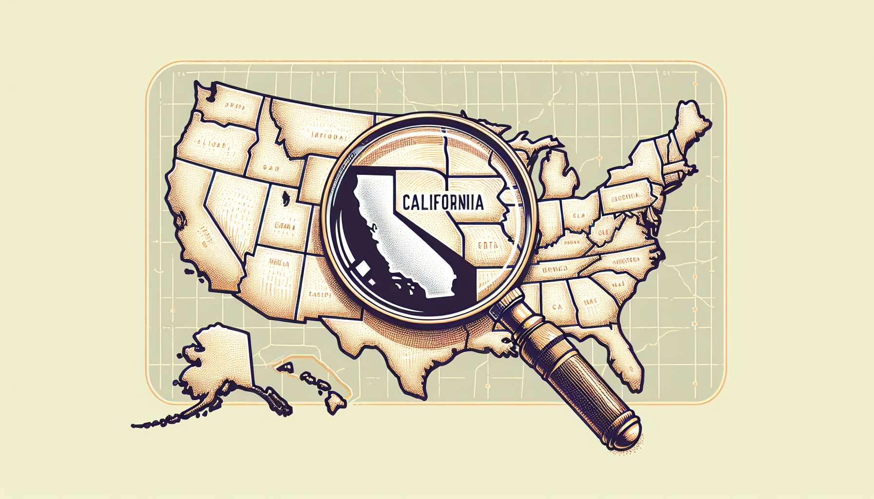 Map of the United States with a magnifying glass over California