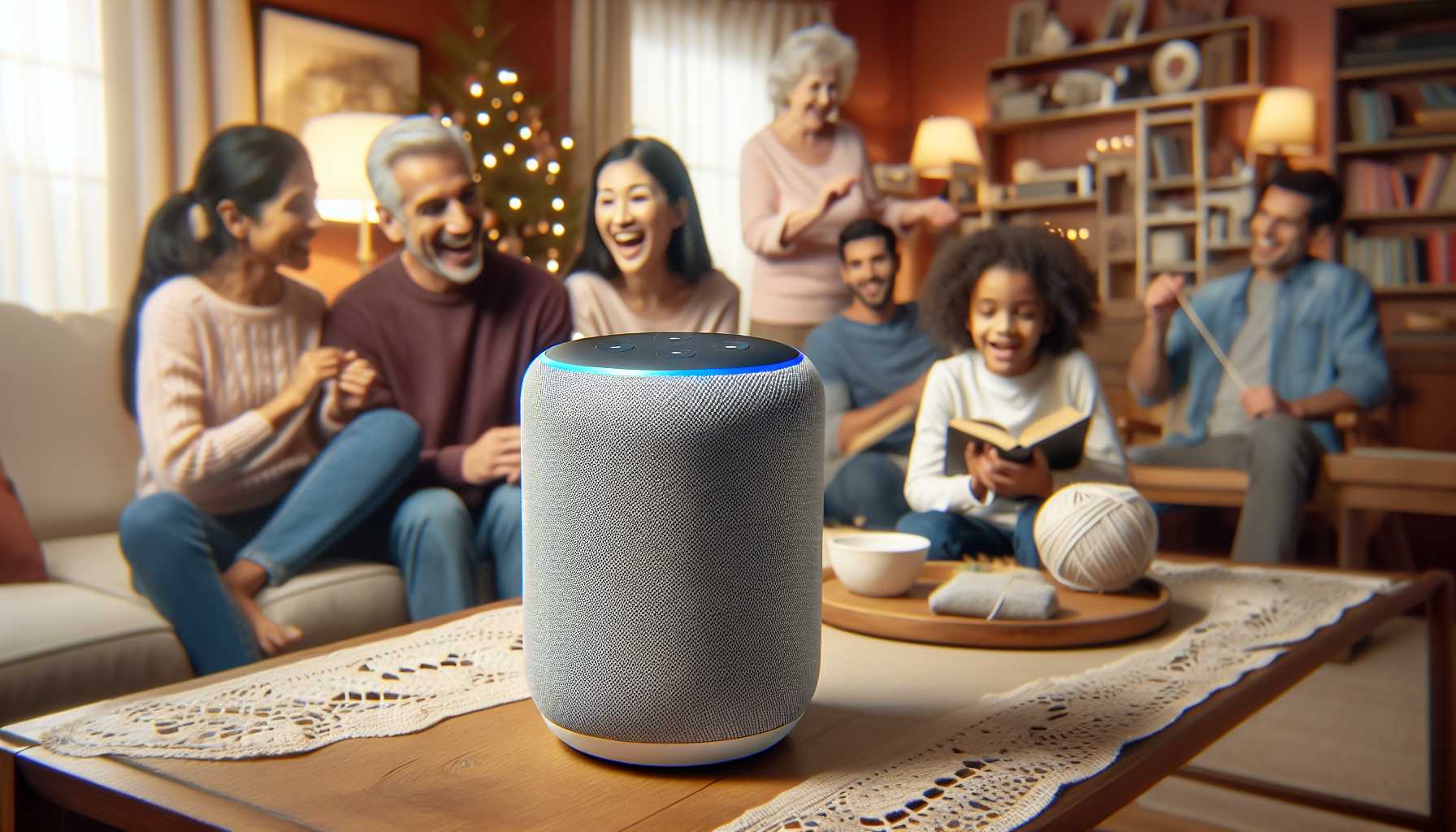 A Google Home smart speaker sitting on a table in a living room with a happy family in the background