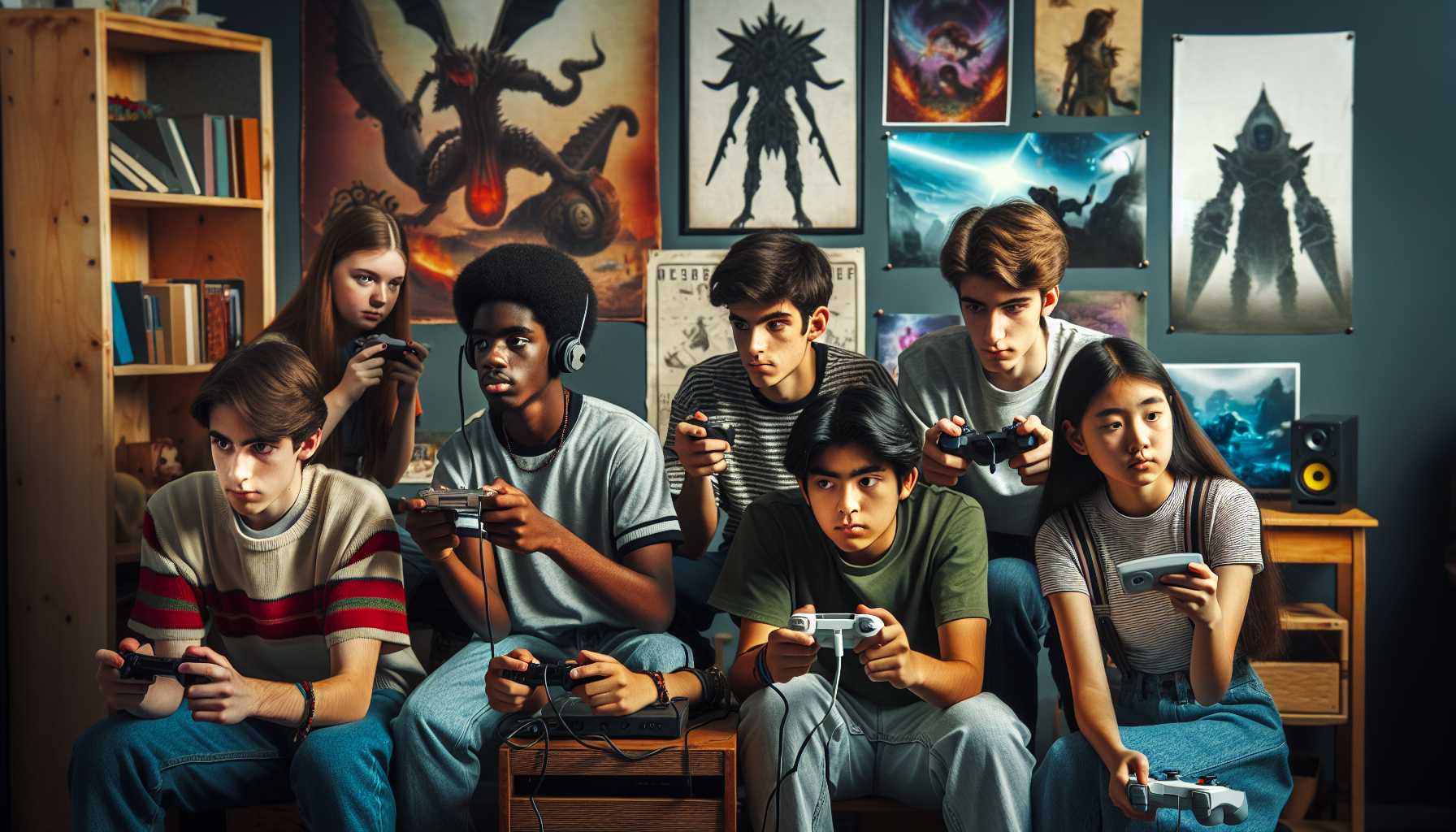 A group of teenagers playing video games on different consoles