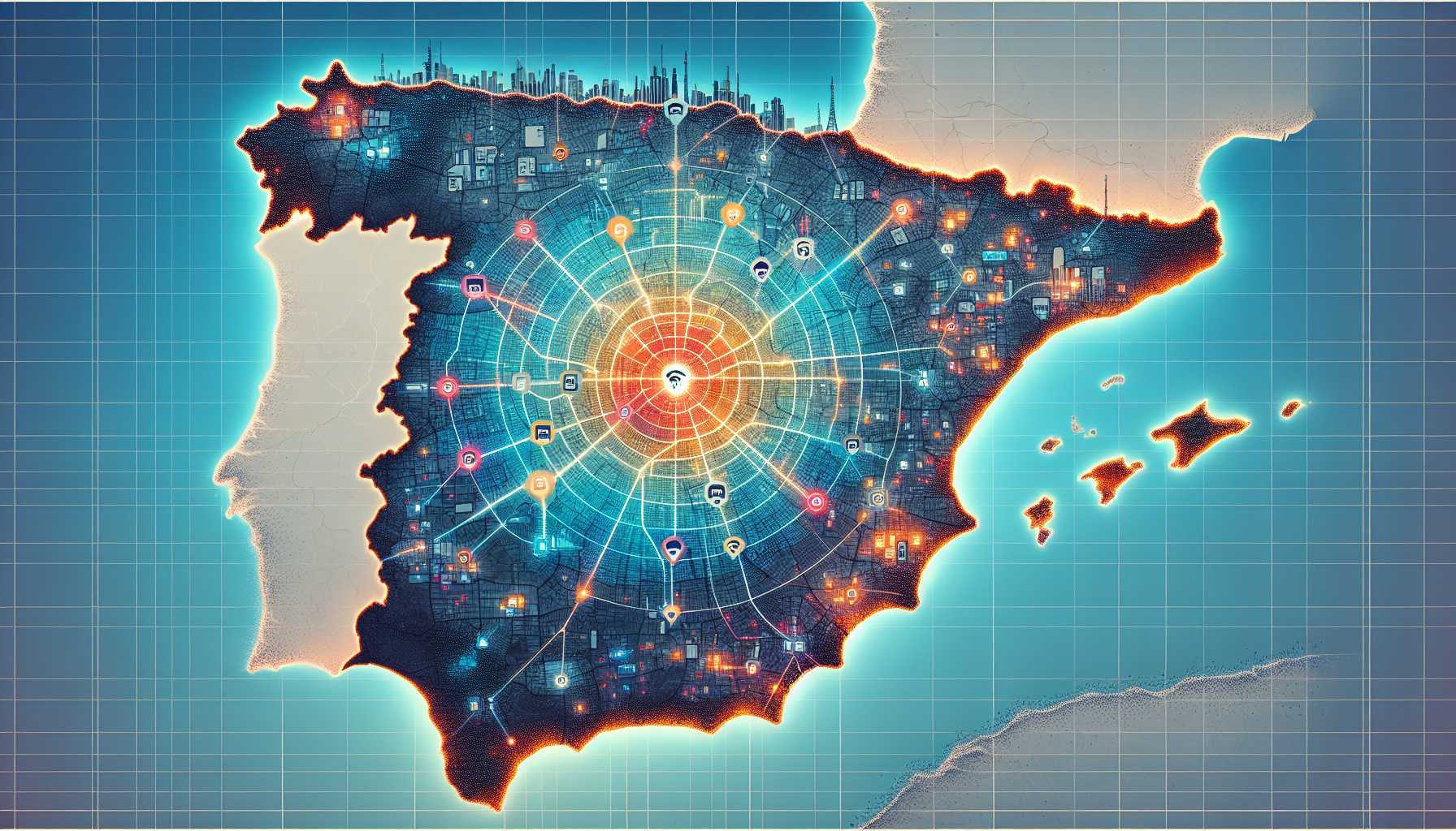 A map of Spain highlighting urban areas with 5G coverage and download speeds displayed as a heatmap.