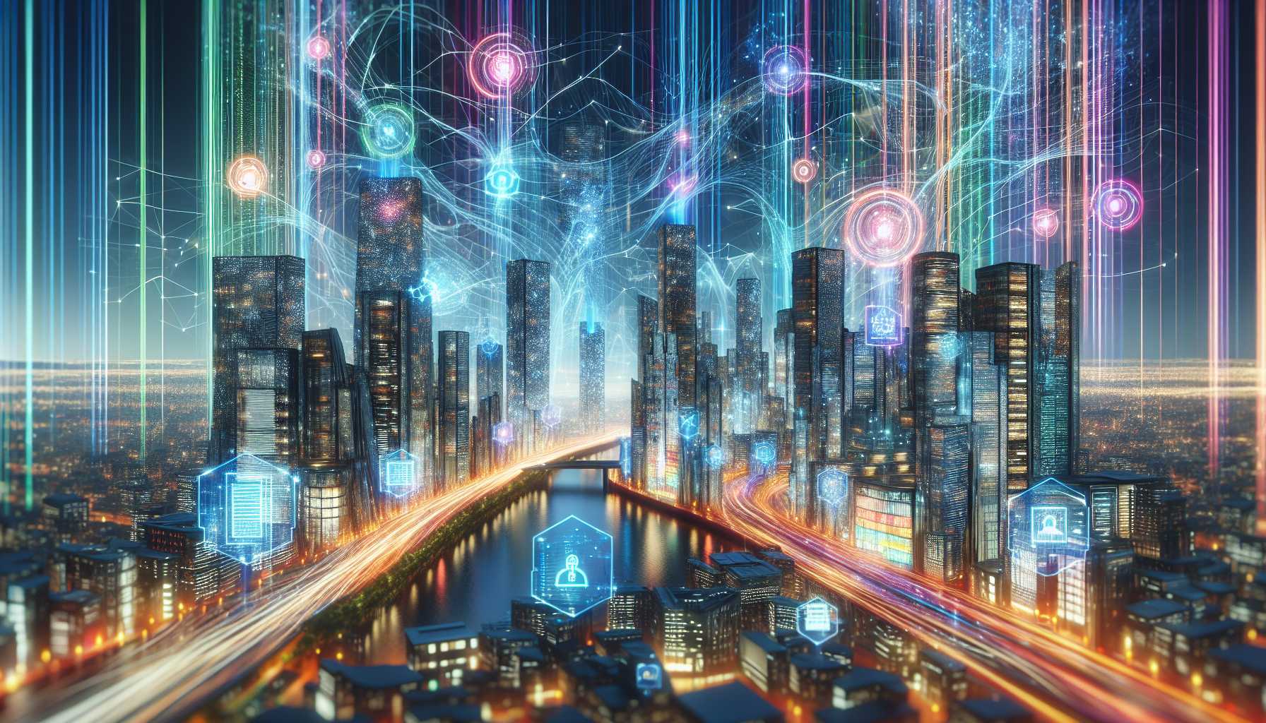 a futuristic cityscape with interconnected digital networks representing legal tech innovation