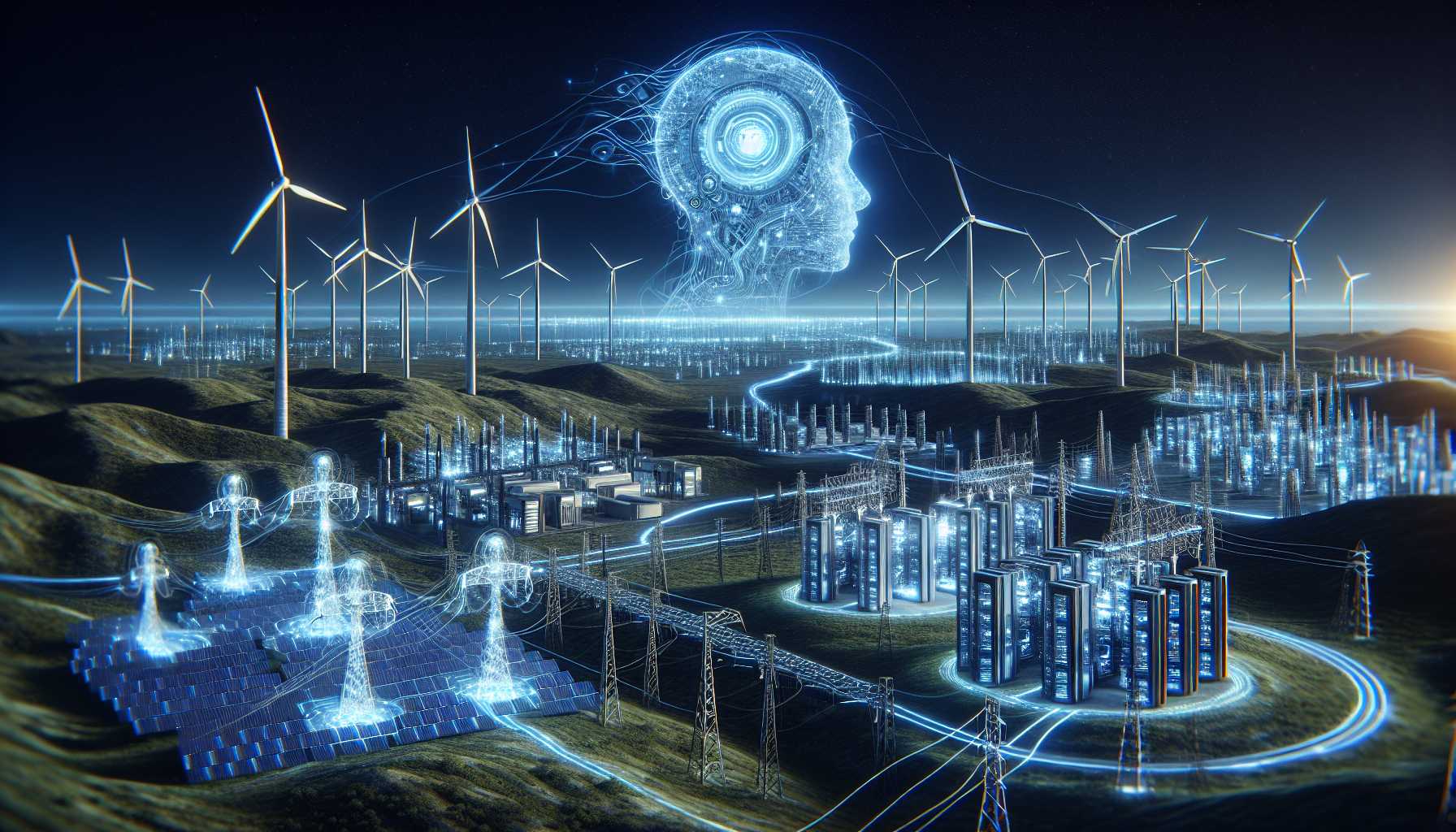 an expansive digital rendering of energy infrastructure interconnected with AI data centers