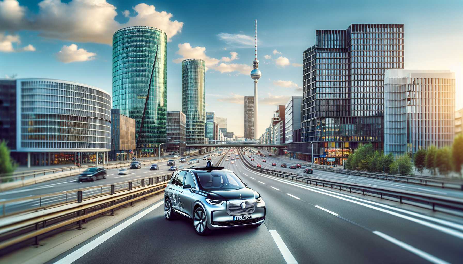 A self-driving car driving on a highway in a German city.