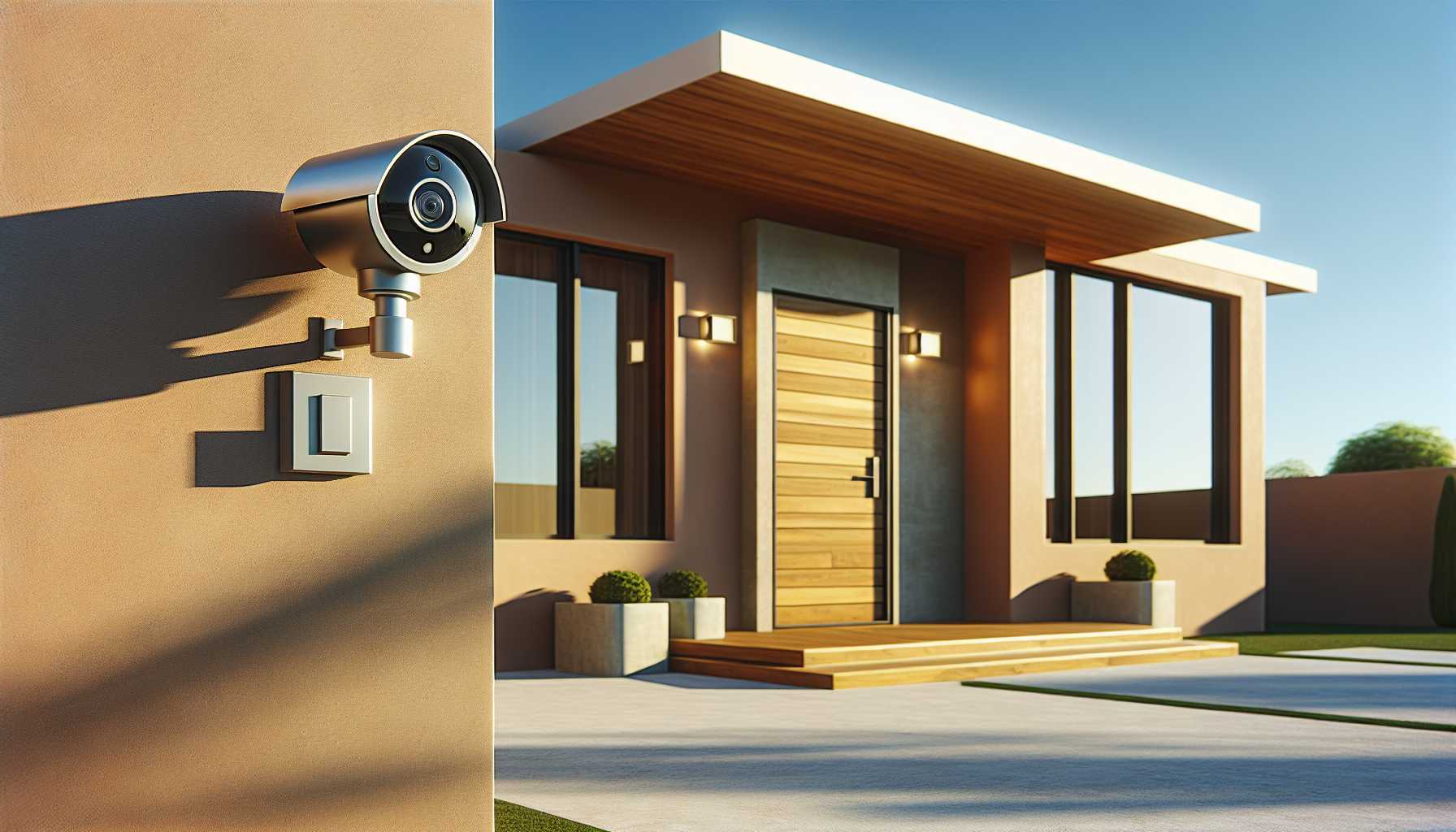 A modern home with a security camera mounted on the front door