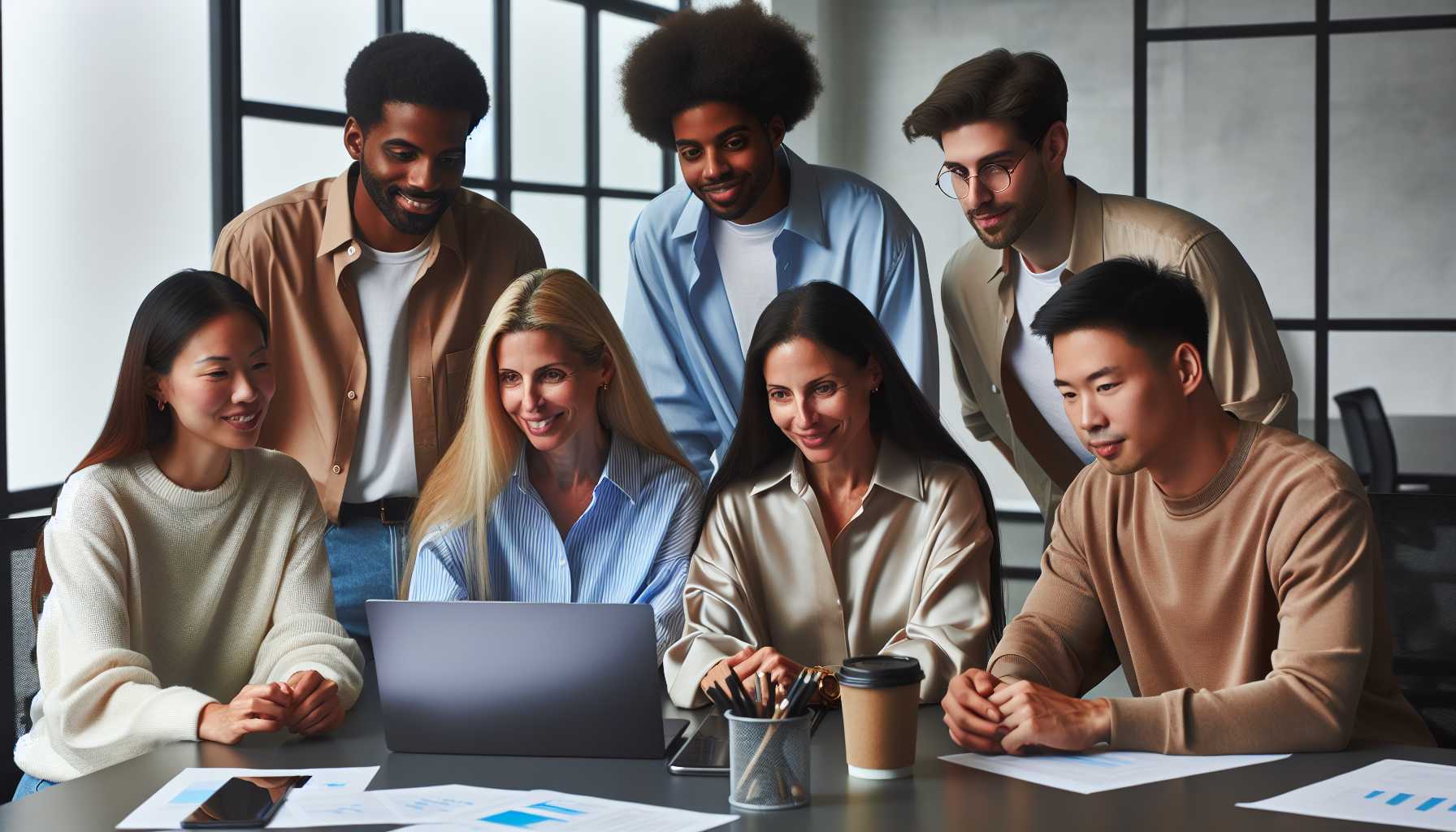 A diverse group of tech entrepreneurs in Silicon Valley, ranging in age from their 20s to their 60s, working together on a laptop in a modern office space