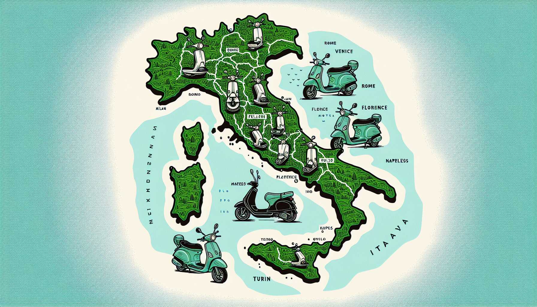 A map of Italy with electric scooters in major cities