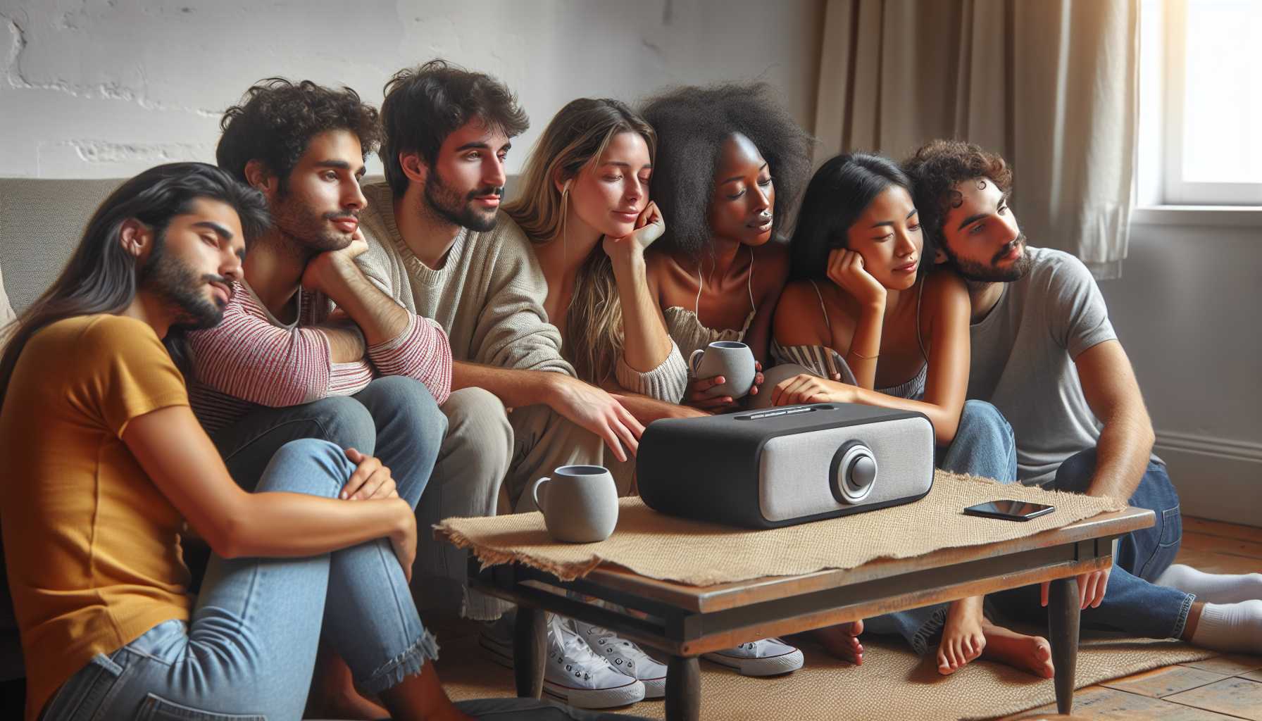 Group of friends listening to music together on a speaker