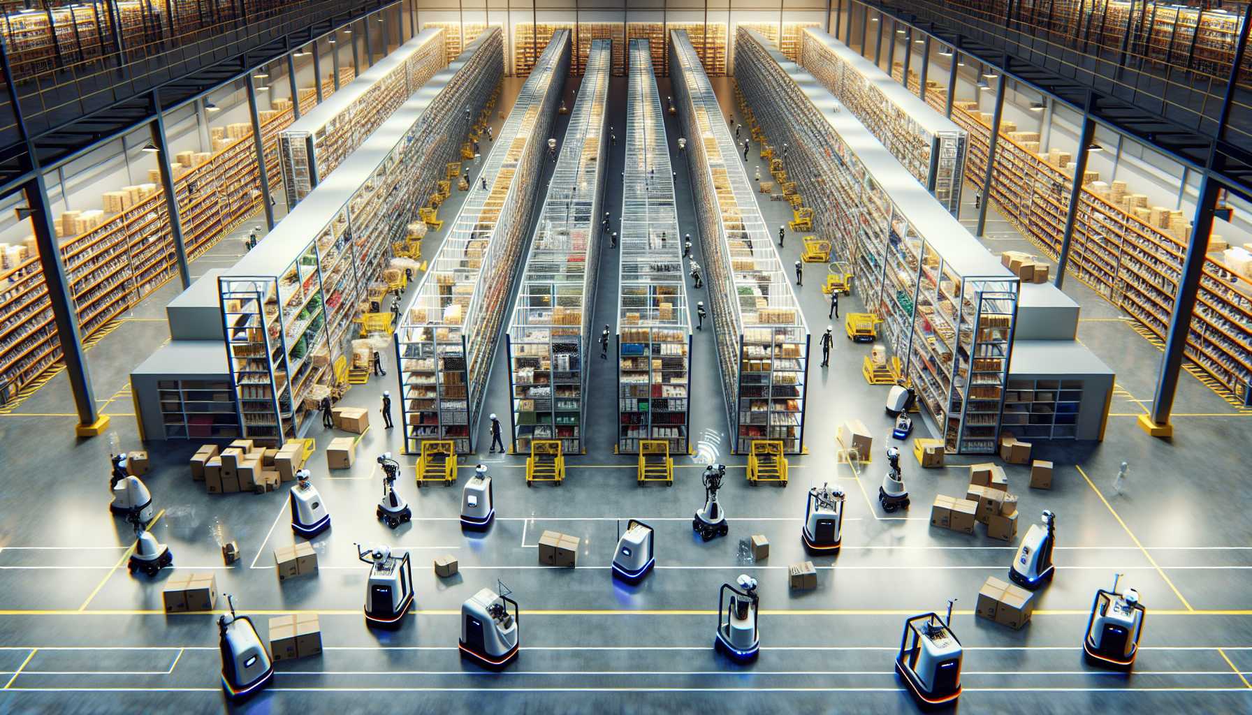 A modern warehouse with robots picking and packing items