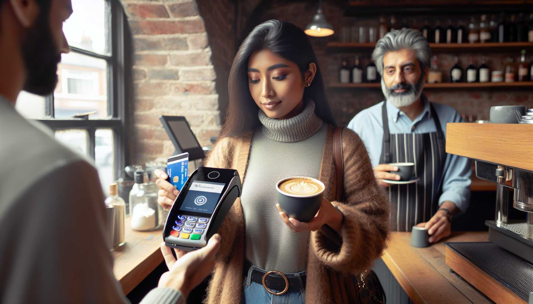 A young adult in the UK using a digital wallet to pay for a coffee.