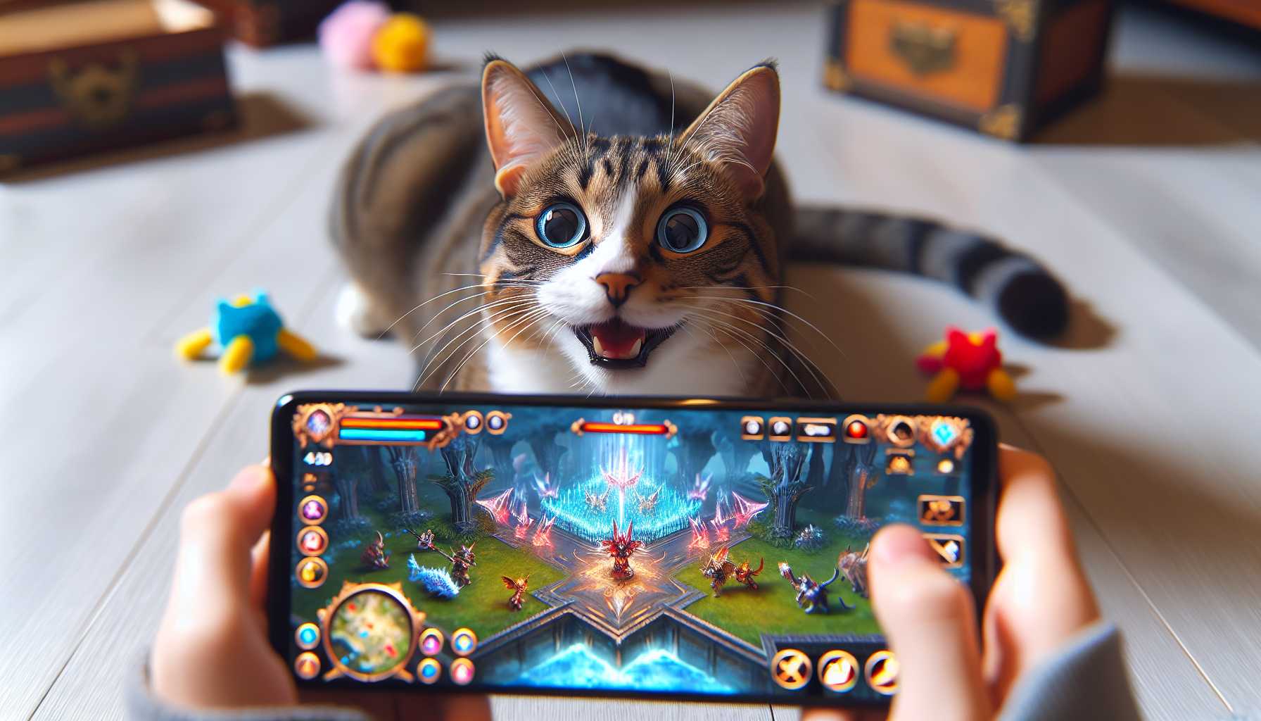 a happy cat playing a mobile RPG game