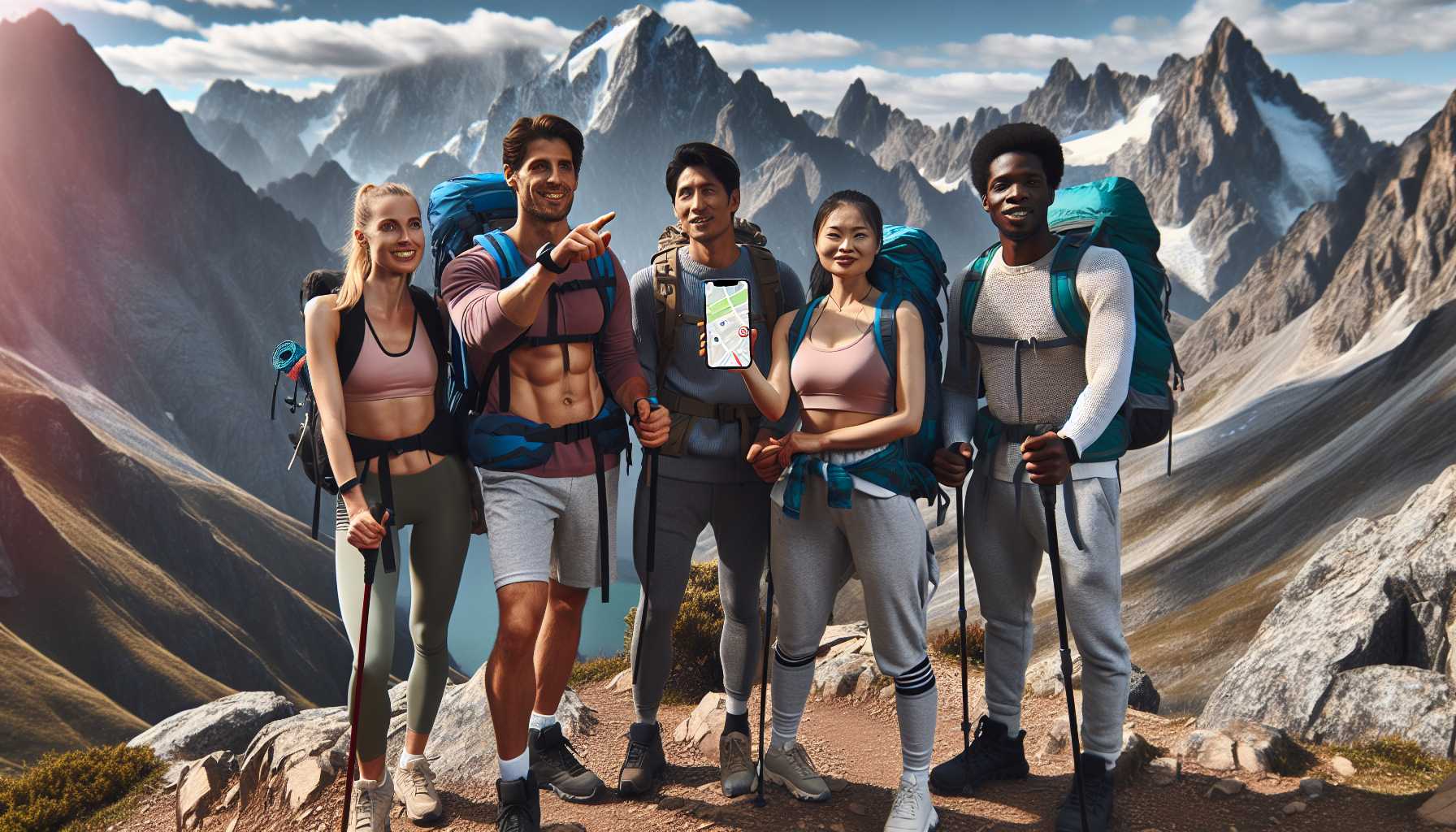 A group of people hiking in the mountains using a smartphone app