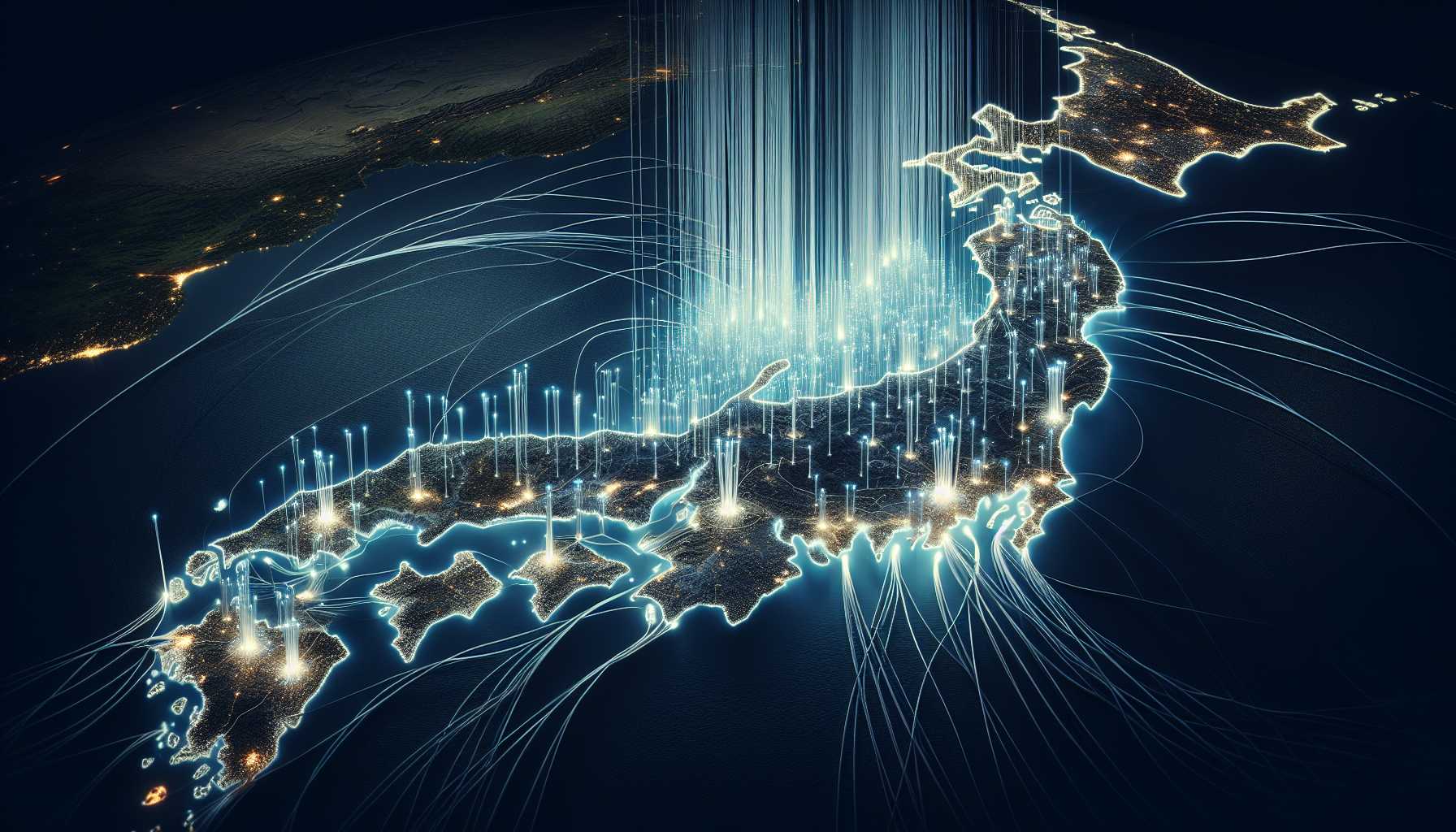 A map of Japan with fiber optic cables running through it