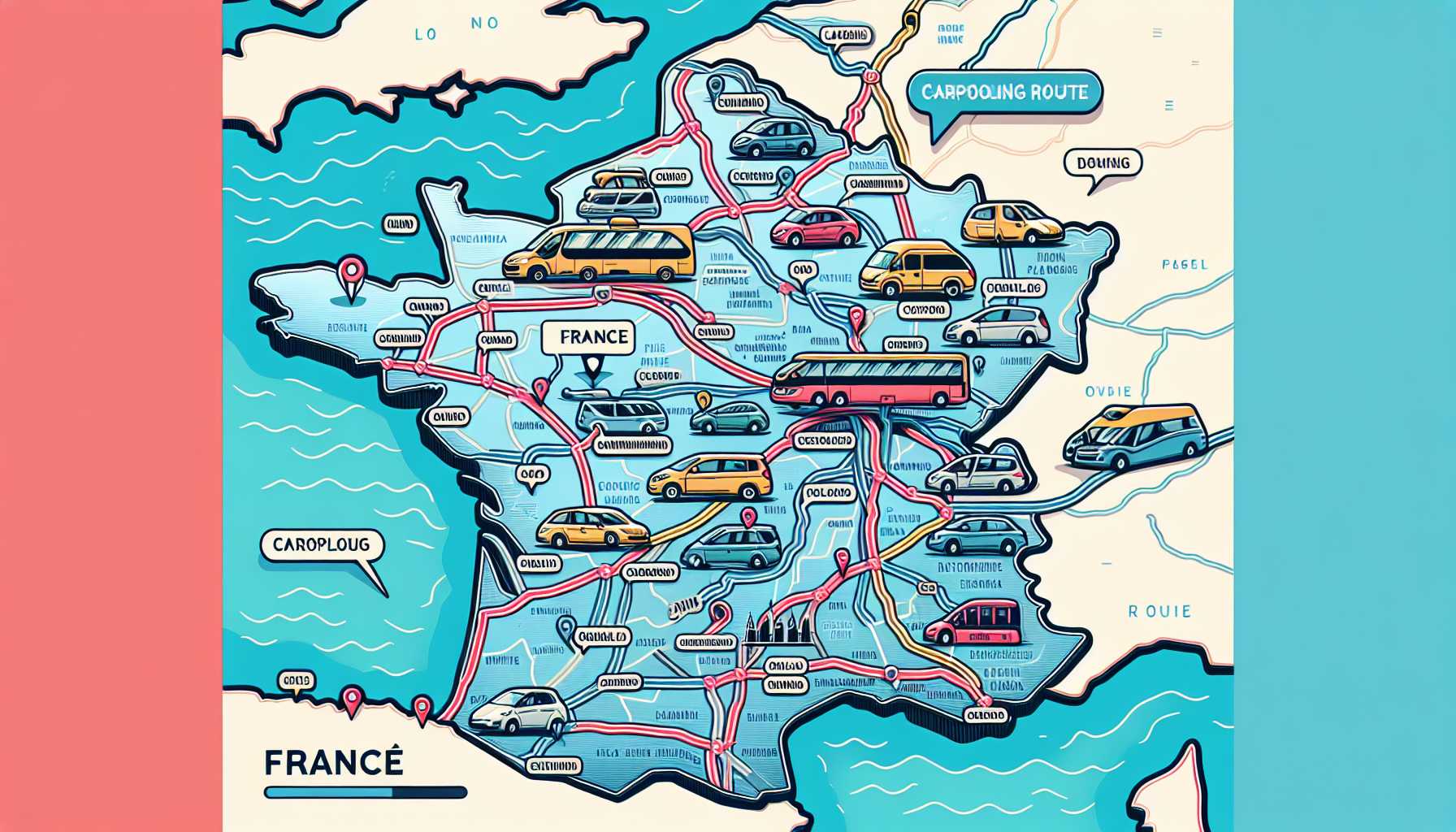 Map of France with a carpooling route highlighted