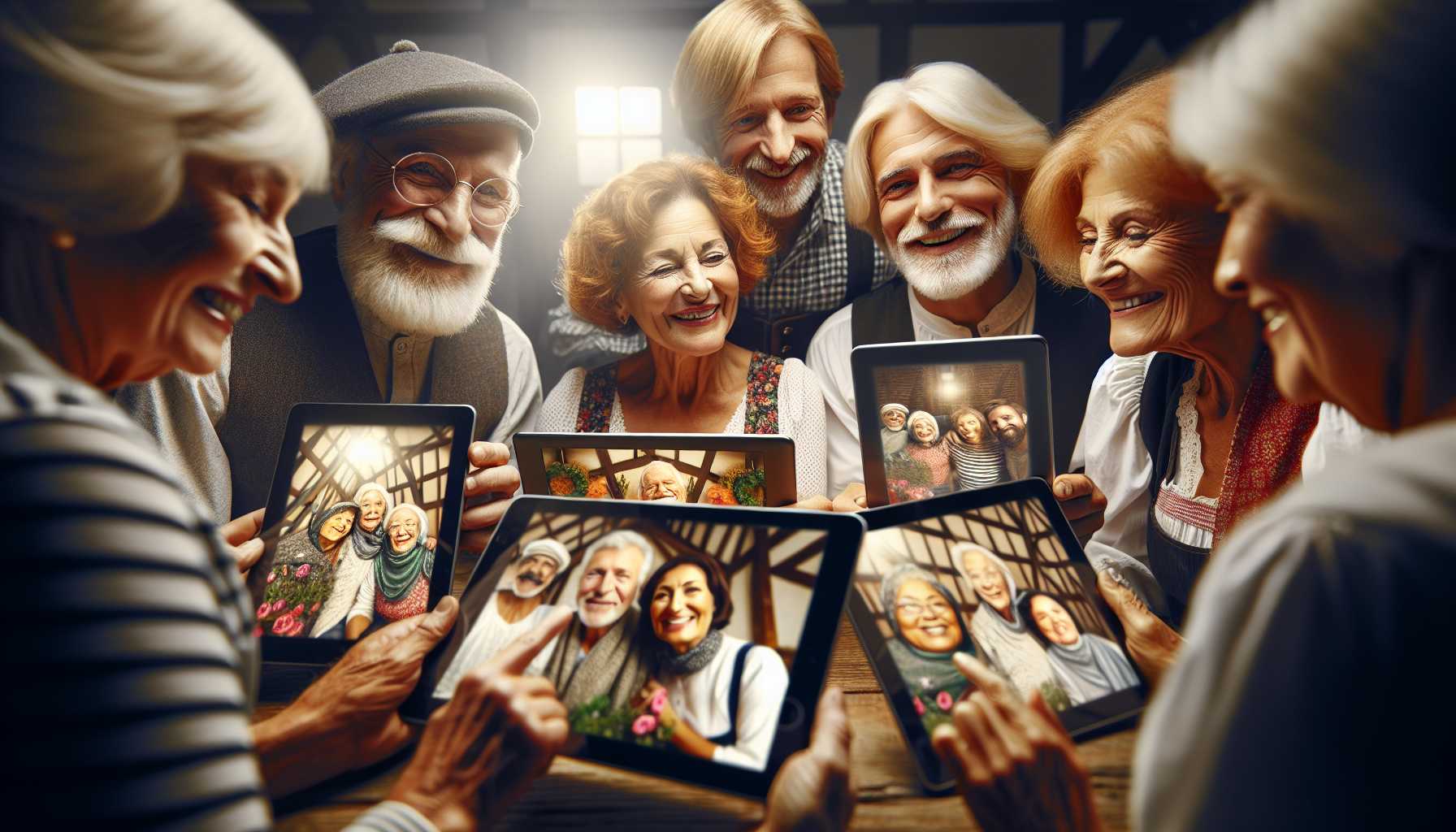 A group of senior citizens in Germany using tablets to video call their families.