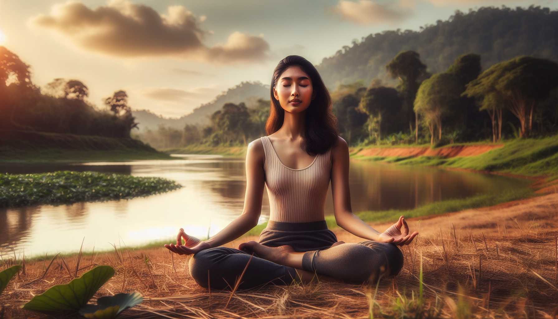 A person meditating peacefully in a serene environment.