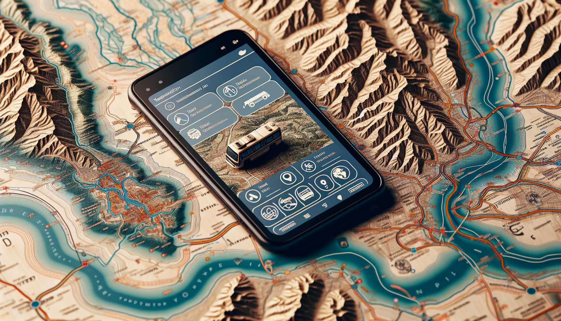 A map of Nepal with a smartphone showing a transportation app on the screen