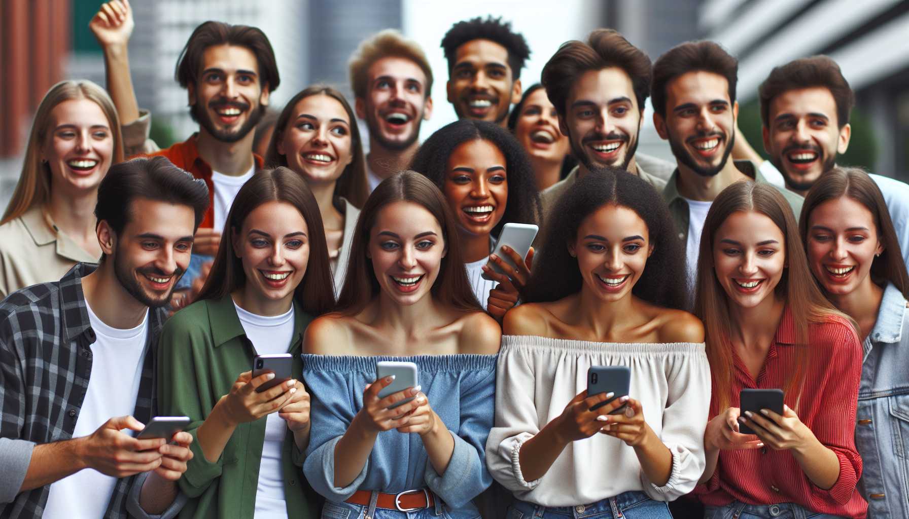 A group of people in Volgograd using VKontakte on their smartphones, smiling and interacting with each other.