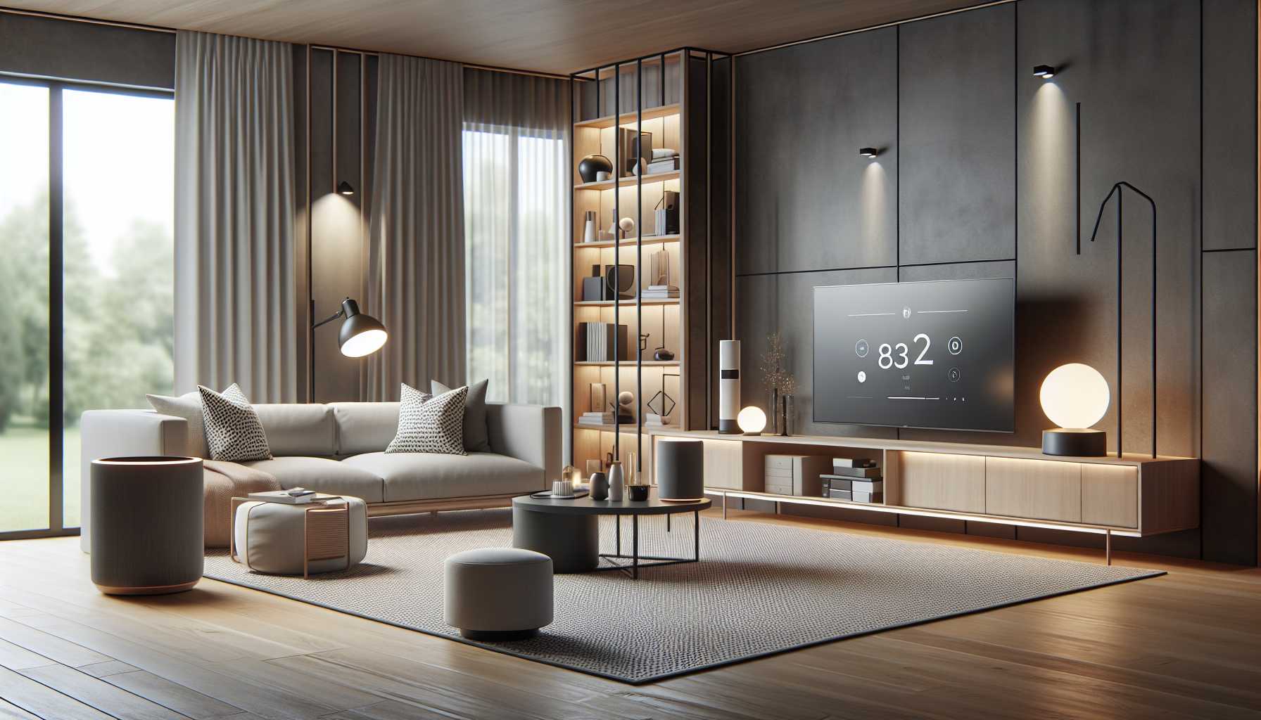 A modern living room with various connected devices such as smart lights, a smart TV, and a smart speaker.