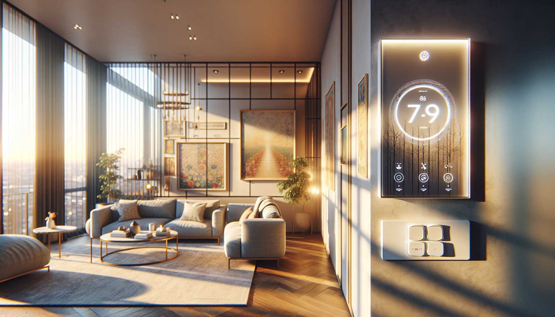 A modern apartment in Kazakhstan with a smart thermostat on the wall.