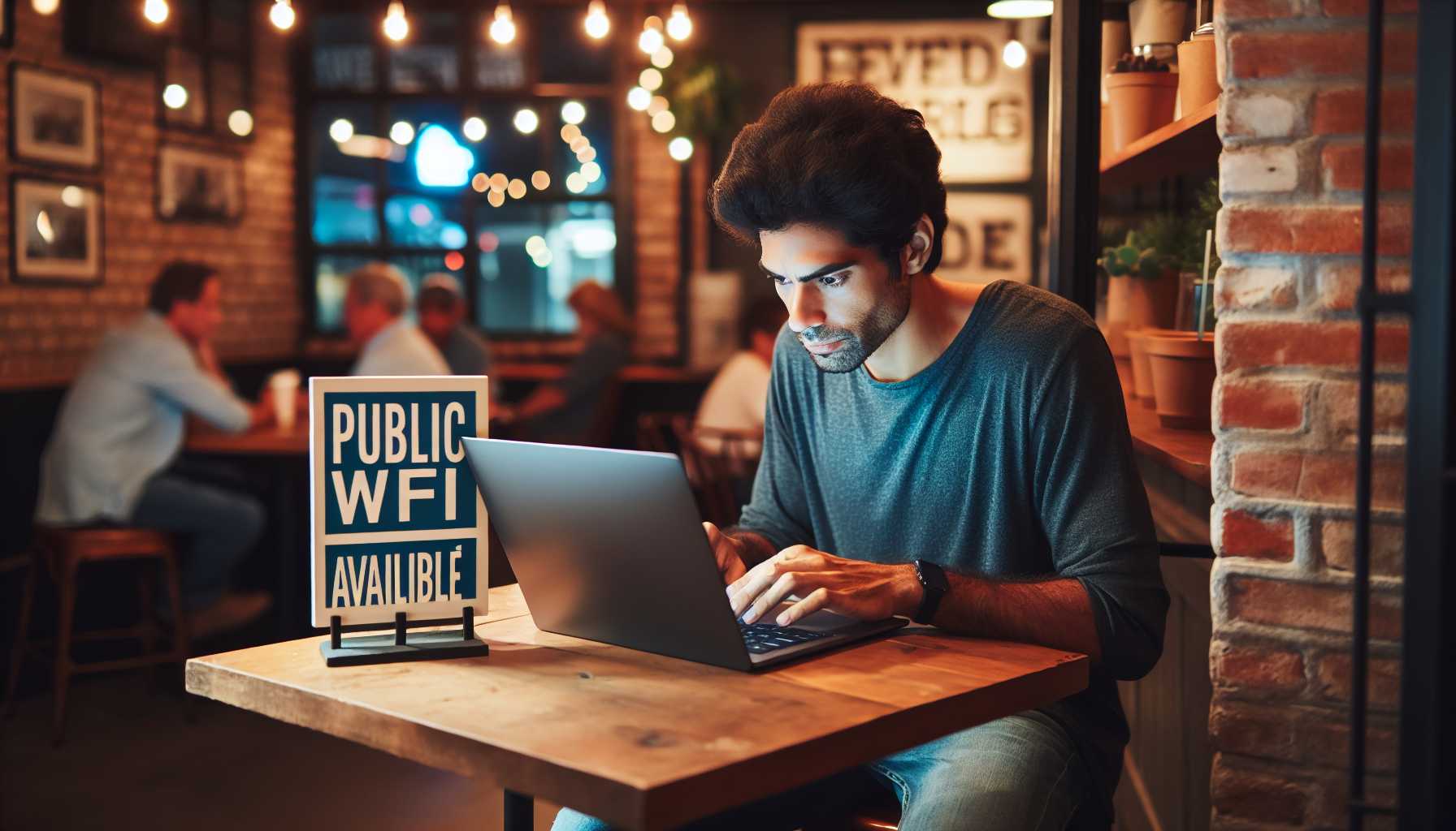 Person using laptop in cafe with public Wi-Fi sign