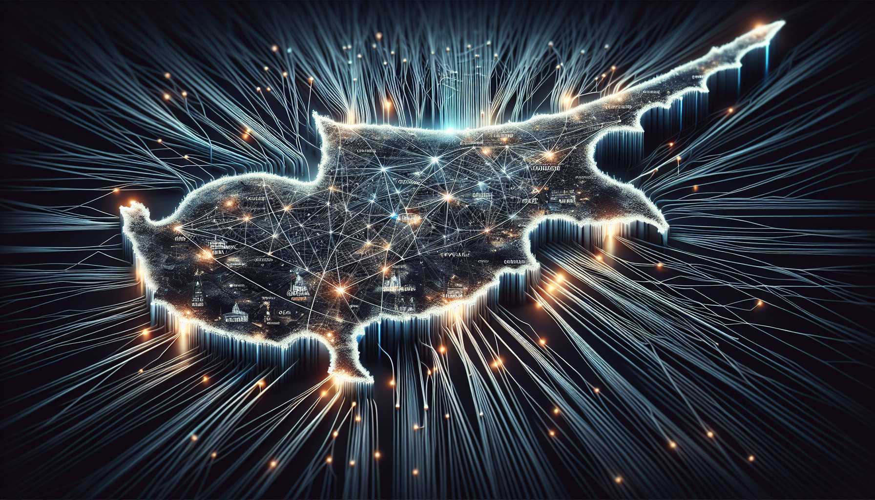 A map of Cyprus with fiber optic cables connecting major cities and towns