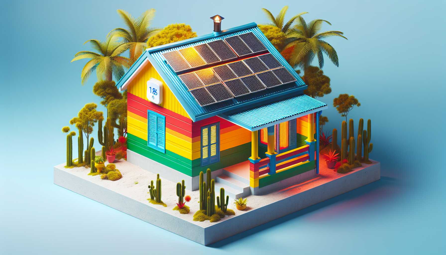 A modern Jamaican house with solar panels on the roof and a smart thermostat on the wall.