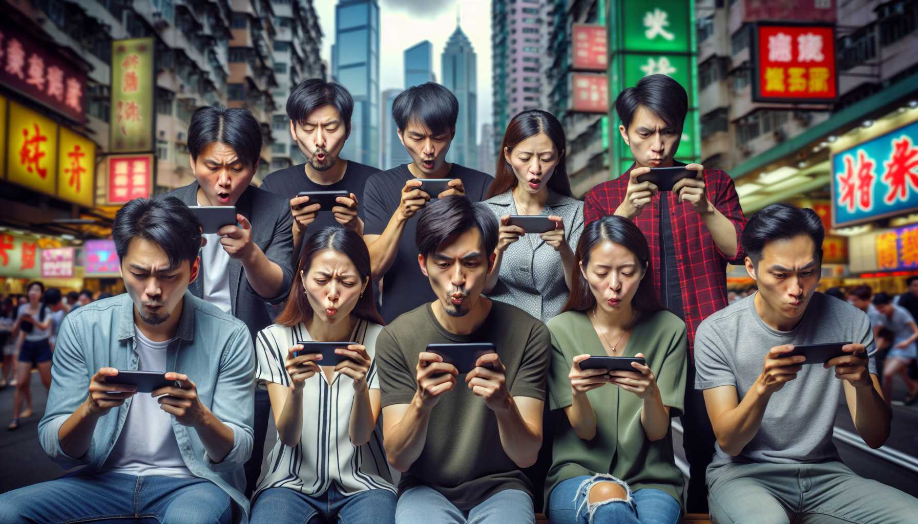 A group of people playing PUBG Mobile on their phones in Hong Kong