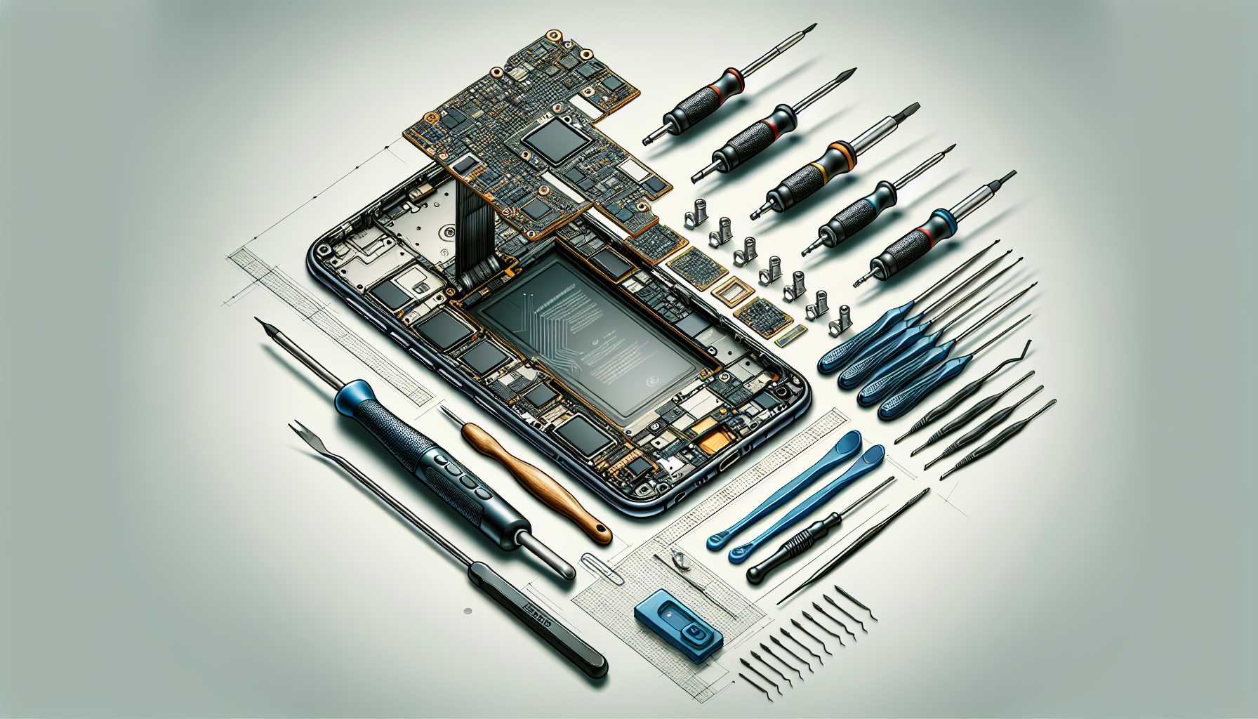 illustration of a smartphone being repaired with various tools laid out around it