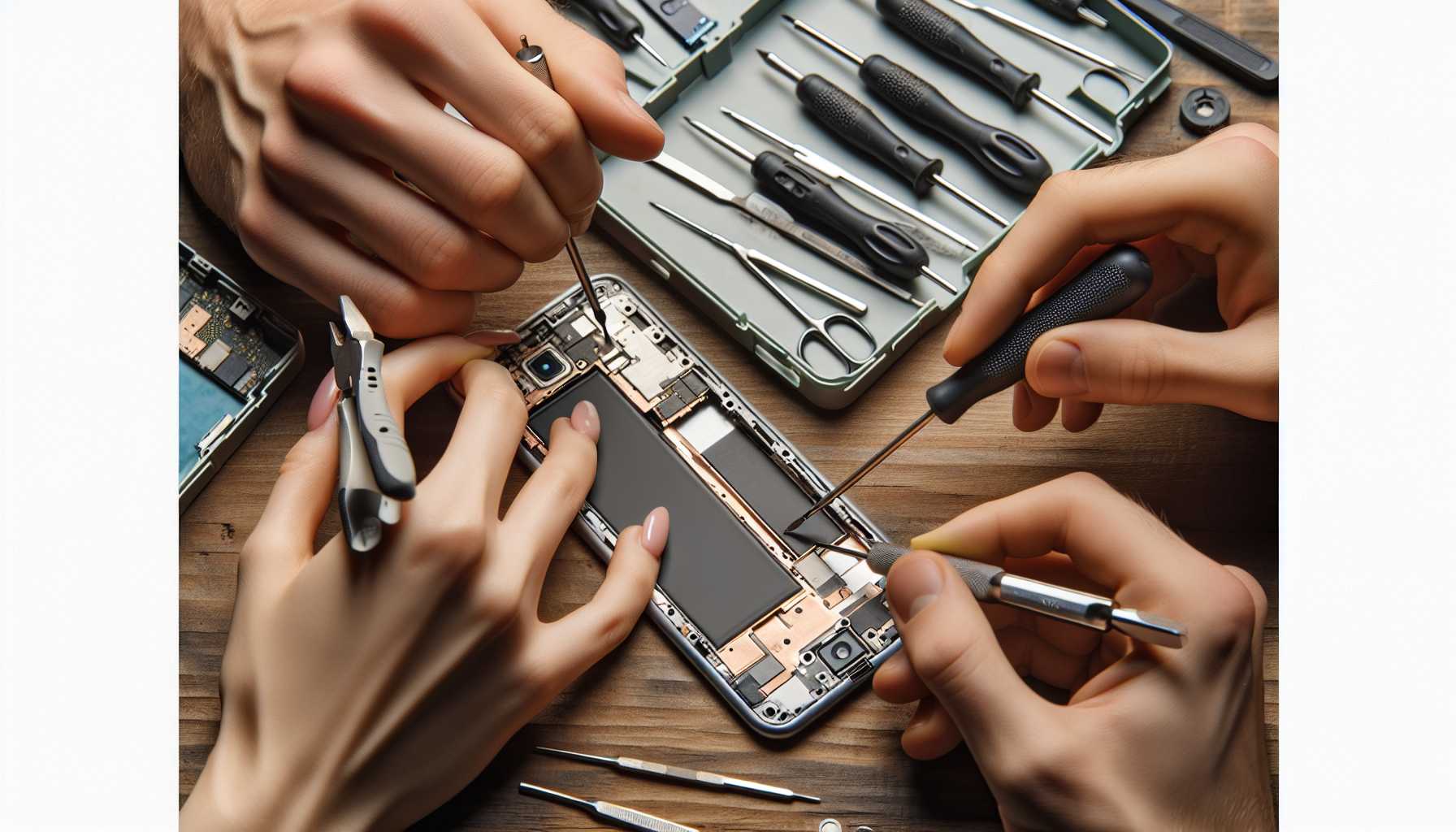 close-up of hands disassembling an iPhone with precision tools