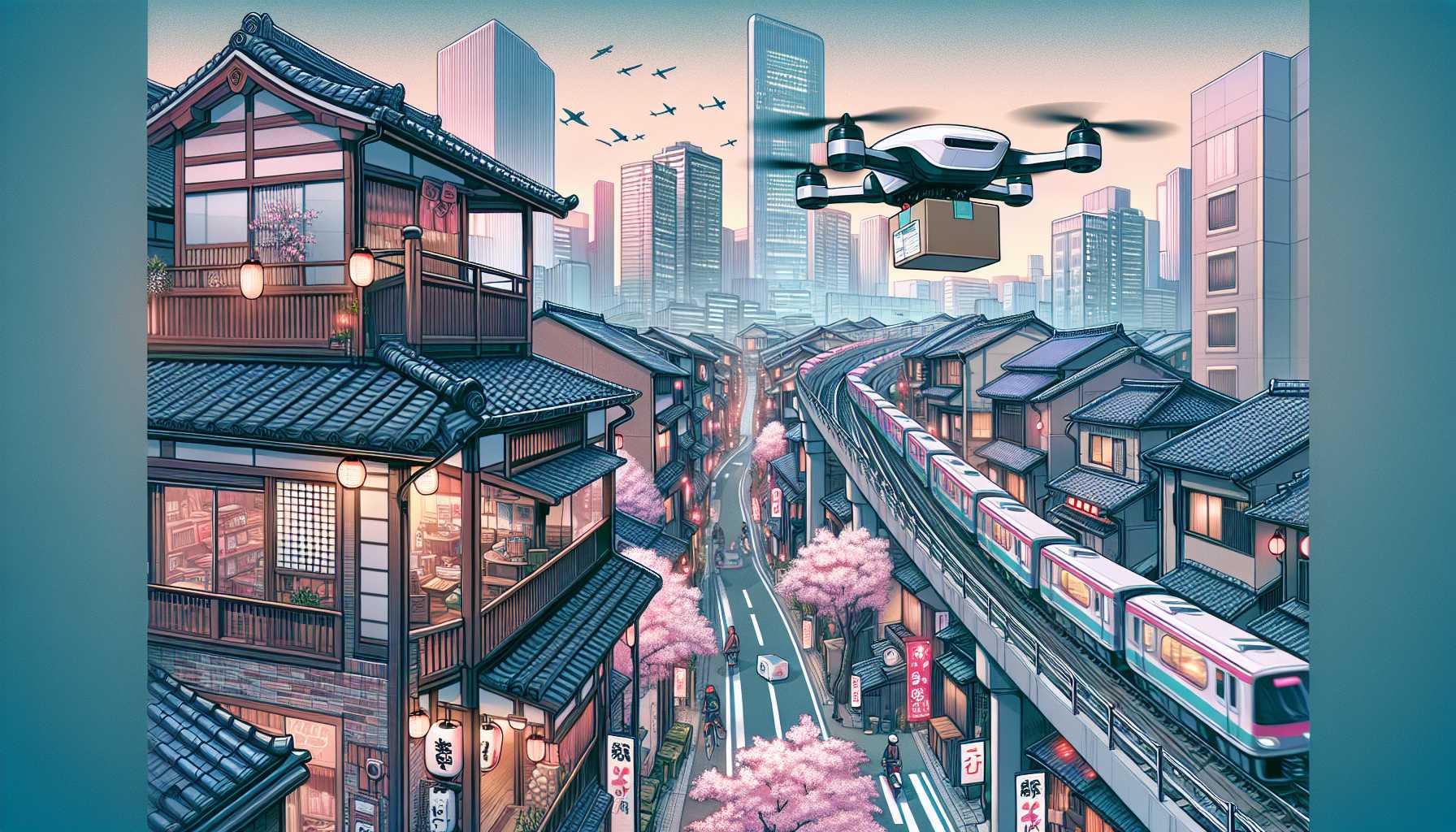 Drone delivering a package to a house in a Japanese city