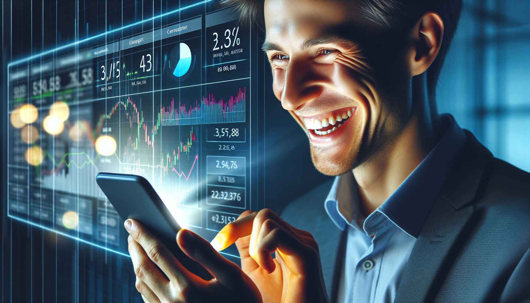 A person using a financial app on their smartphone with a happy expression.