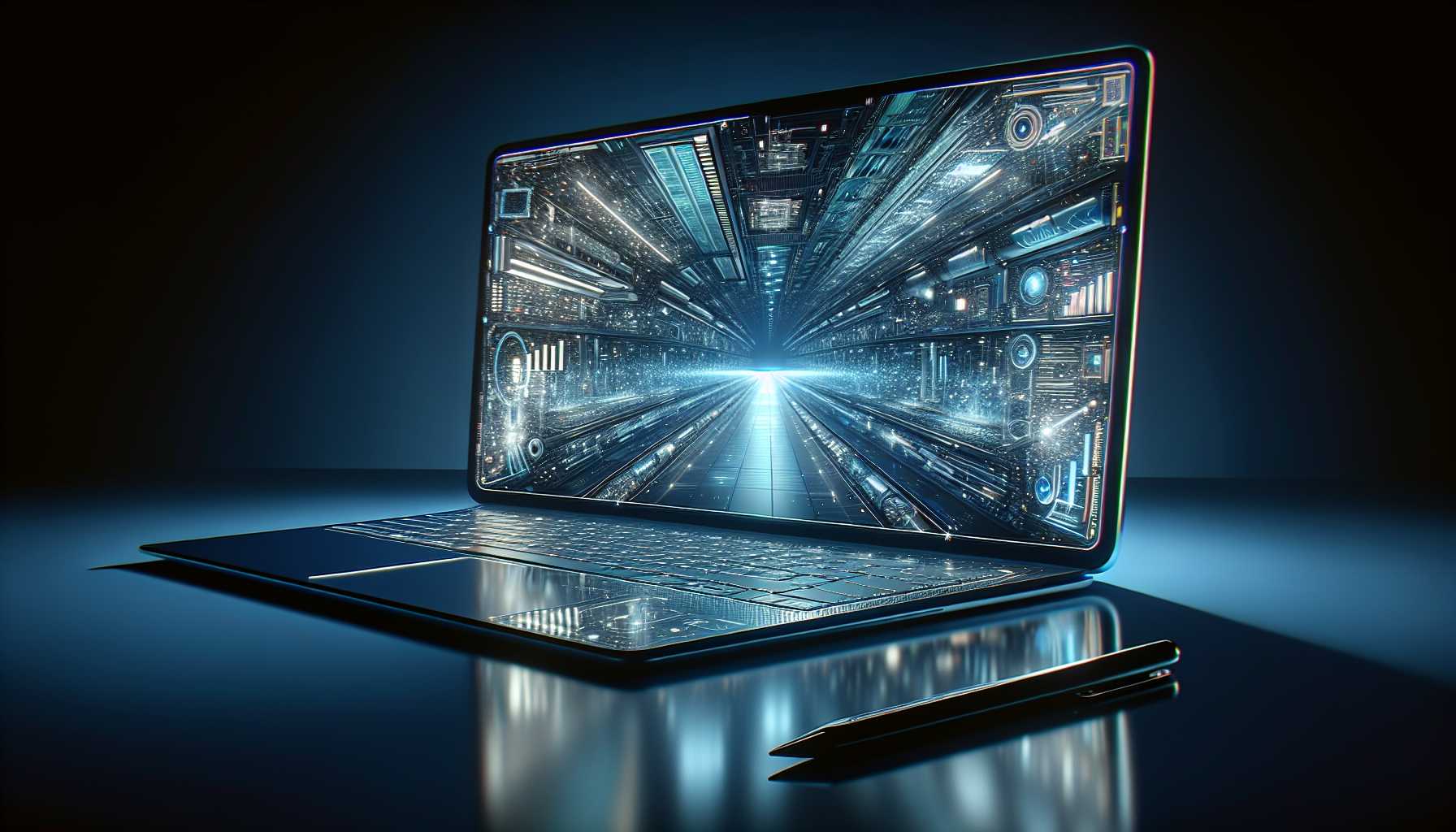 a futuristic laptop with an extended screen