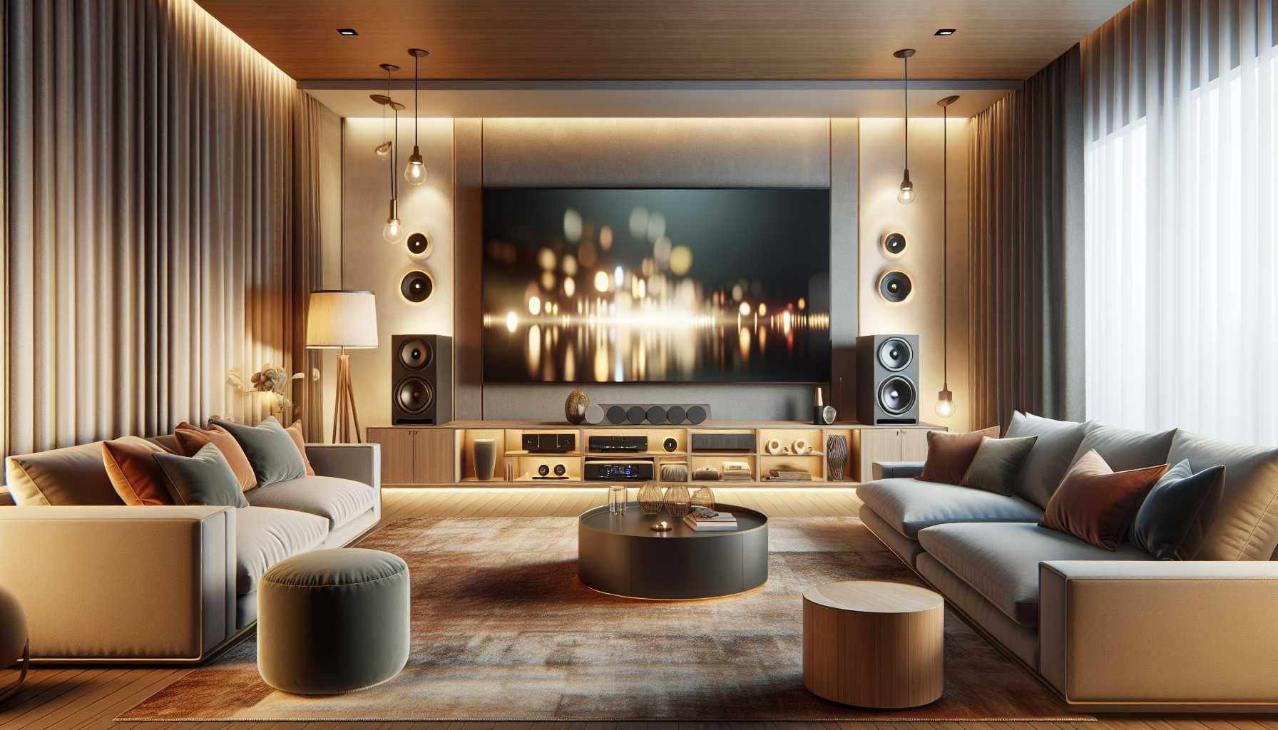 A modern living room with a large smart TV and surround sound system