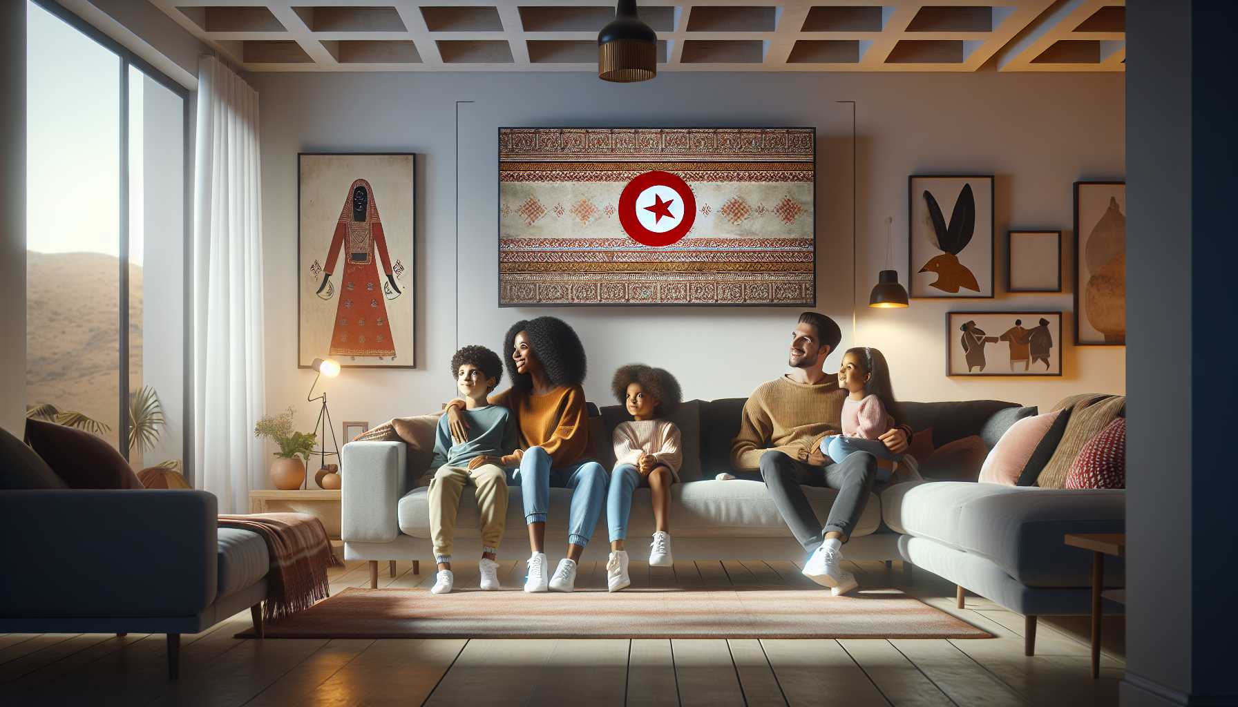 A modern living room in Tunisia with a family enjoying a movie on a large smart TV.