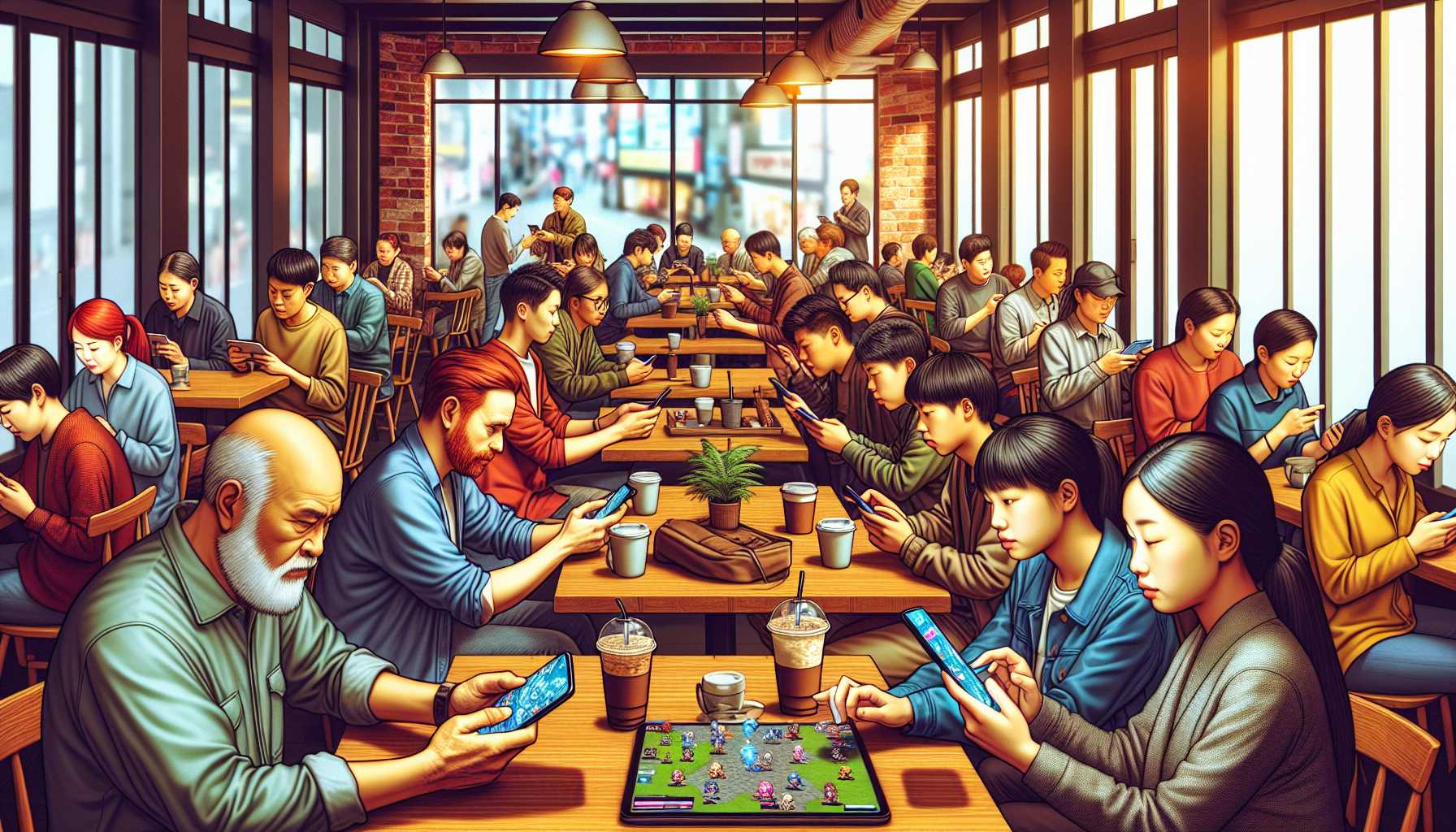 A crowd of people playing mobile games in a cafe in South Korea