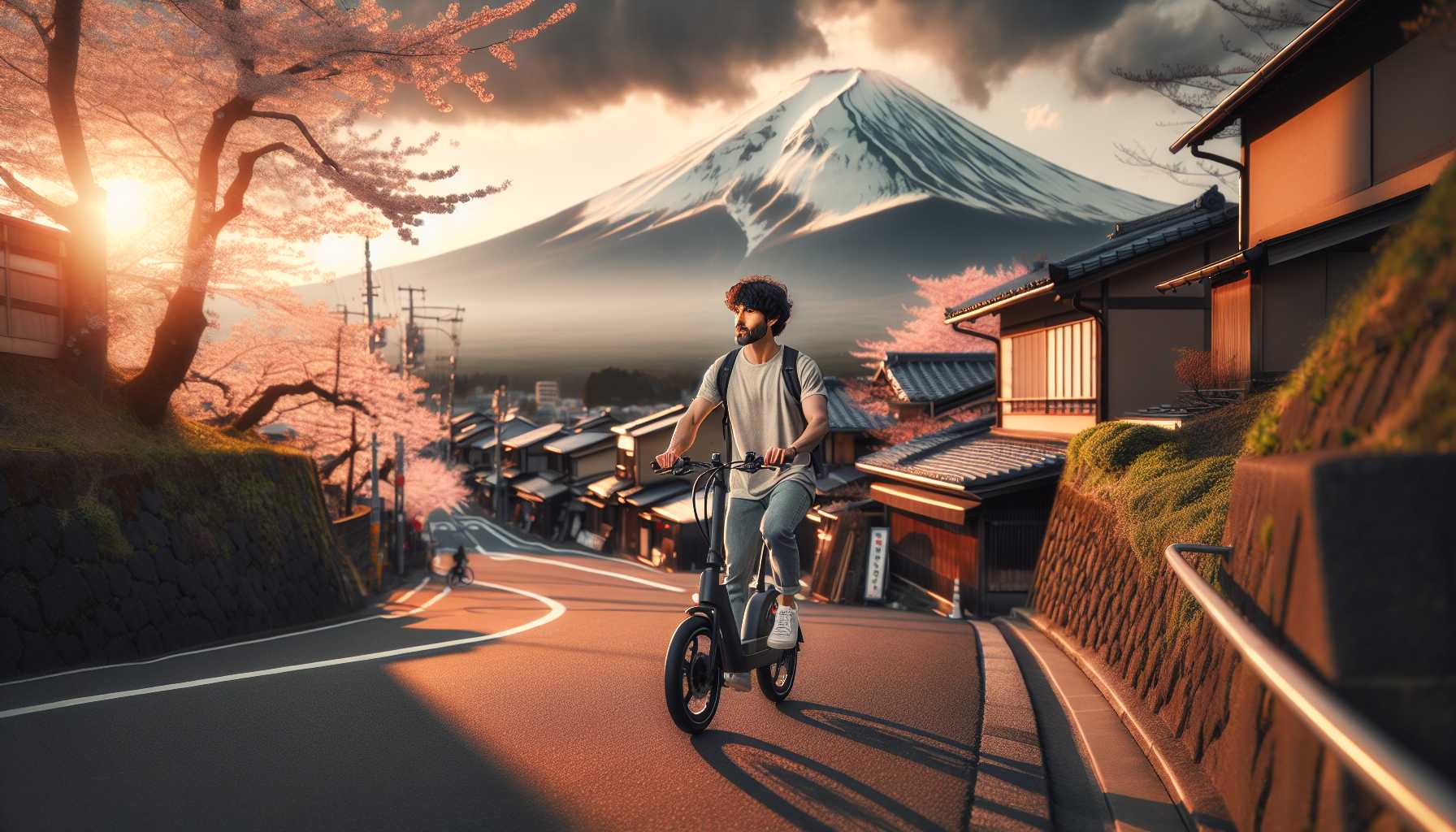 A person riding an electric bike in Japan, with Mount Fuji in the background.