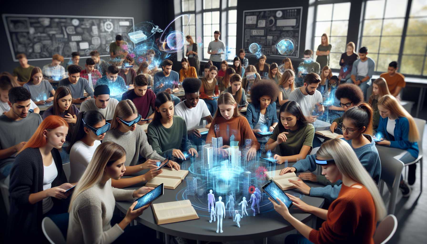 A group of students using augmented reality in a classroom