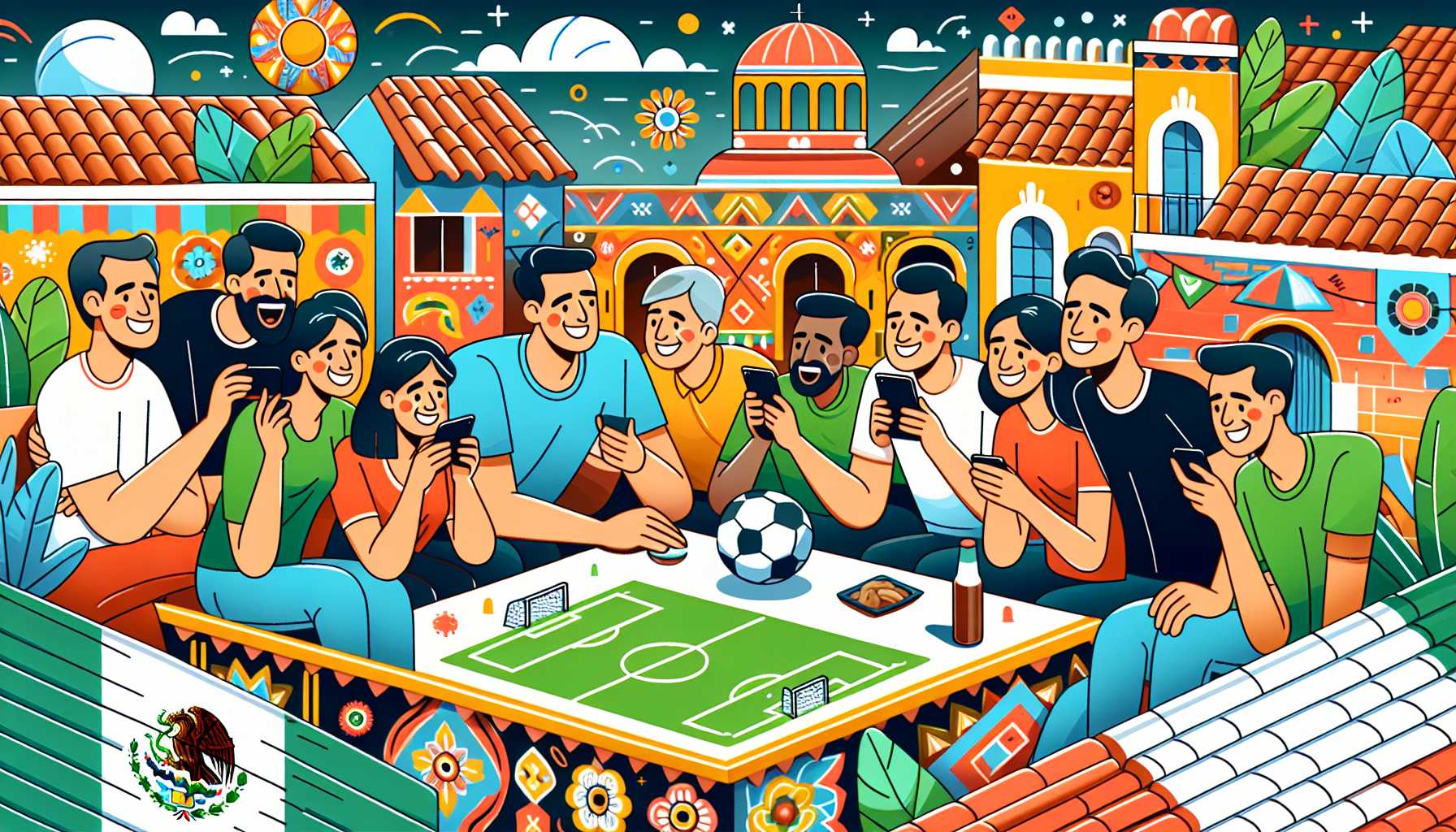 A group of people in Mexico watching a football game on their phones