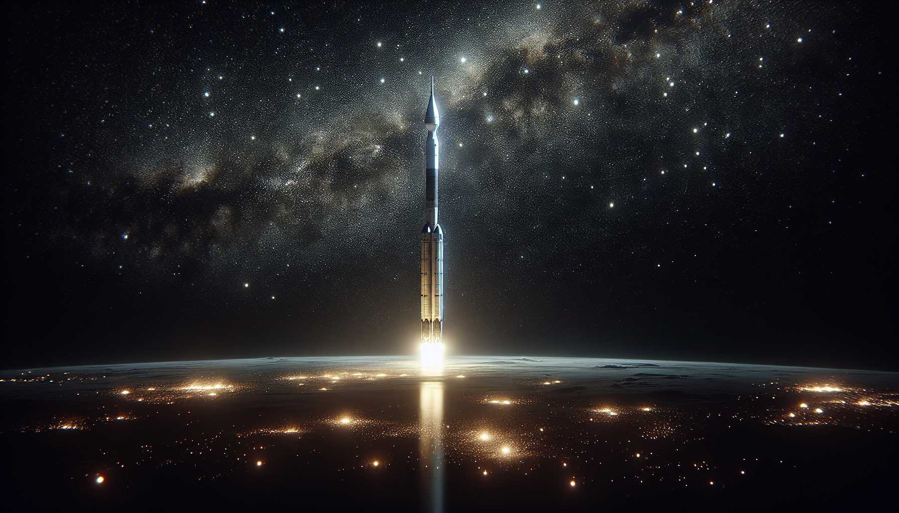 a towering rocket surrounded by stars