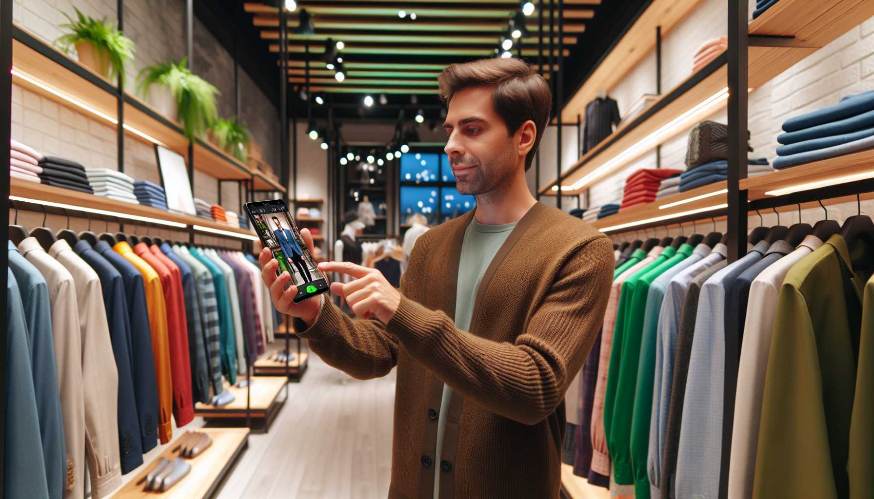 A customer using a smartphone to virtually try on clothes in a Novosibirsk Oblast retail store.