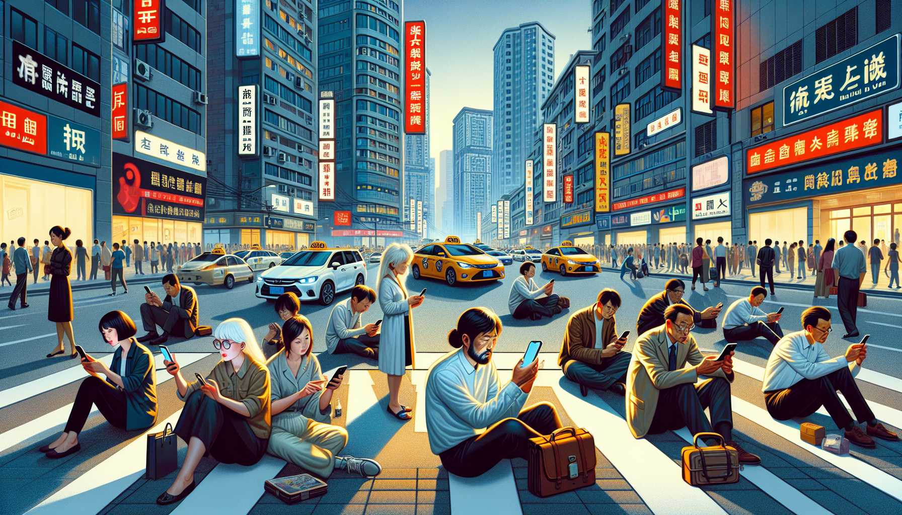 A busy street scene in China with people using their phones to book taxis