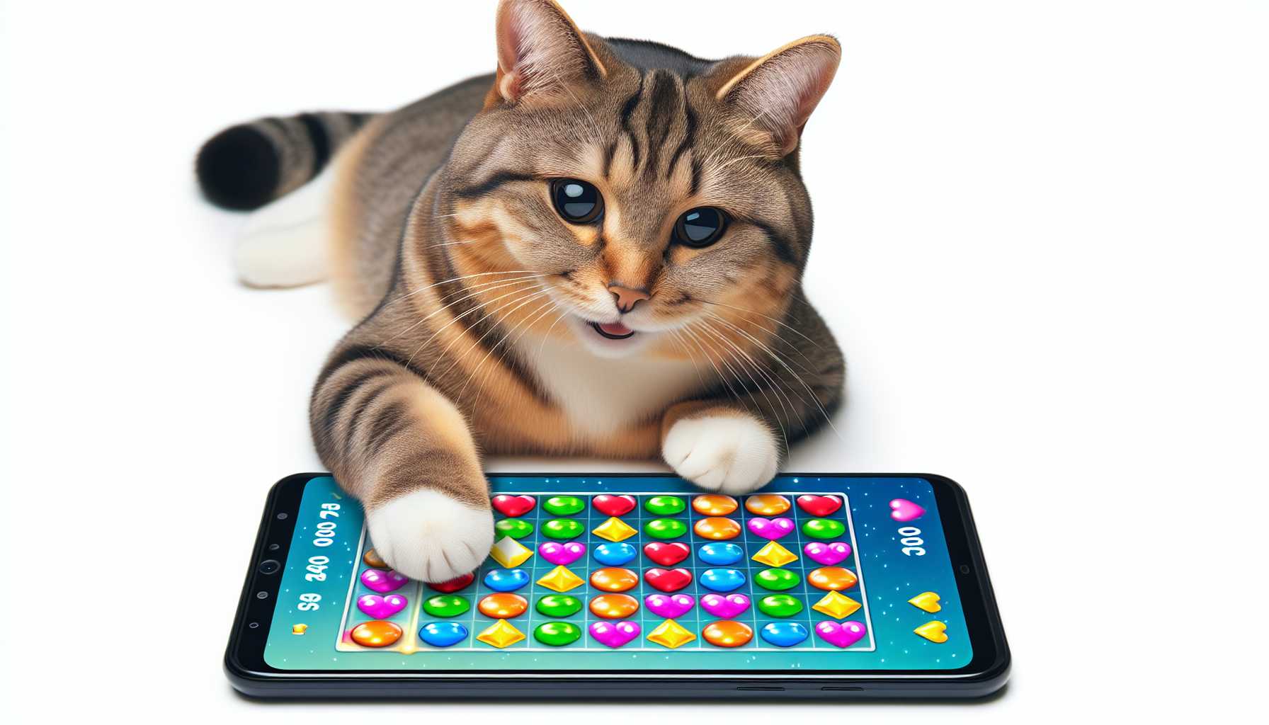 A happy cat playing Candy Crush Saga on a mobile phone