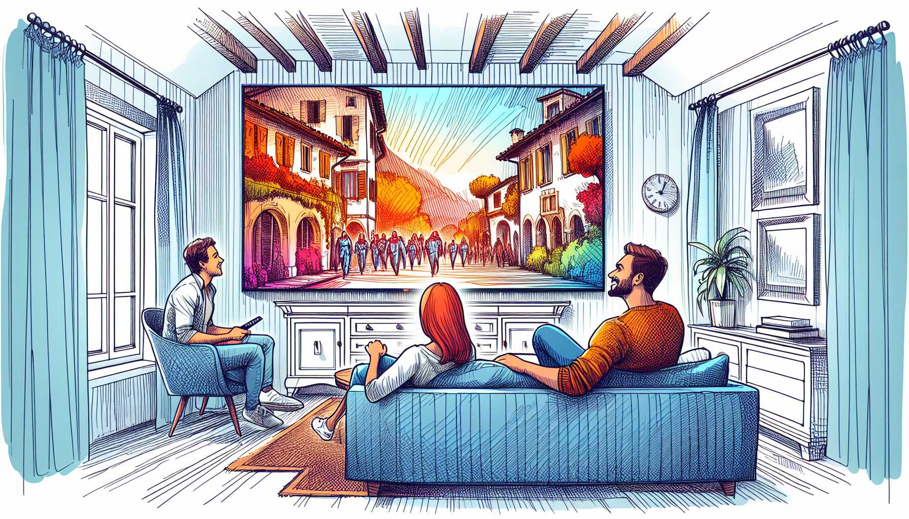 A living room in Italy with a large high-definition smart TV on the wall, people are sitting on the couch watching TV and smiling