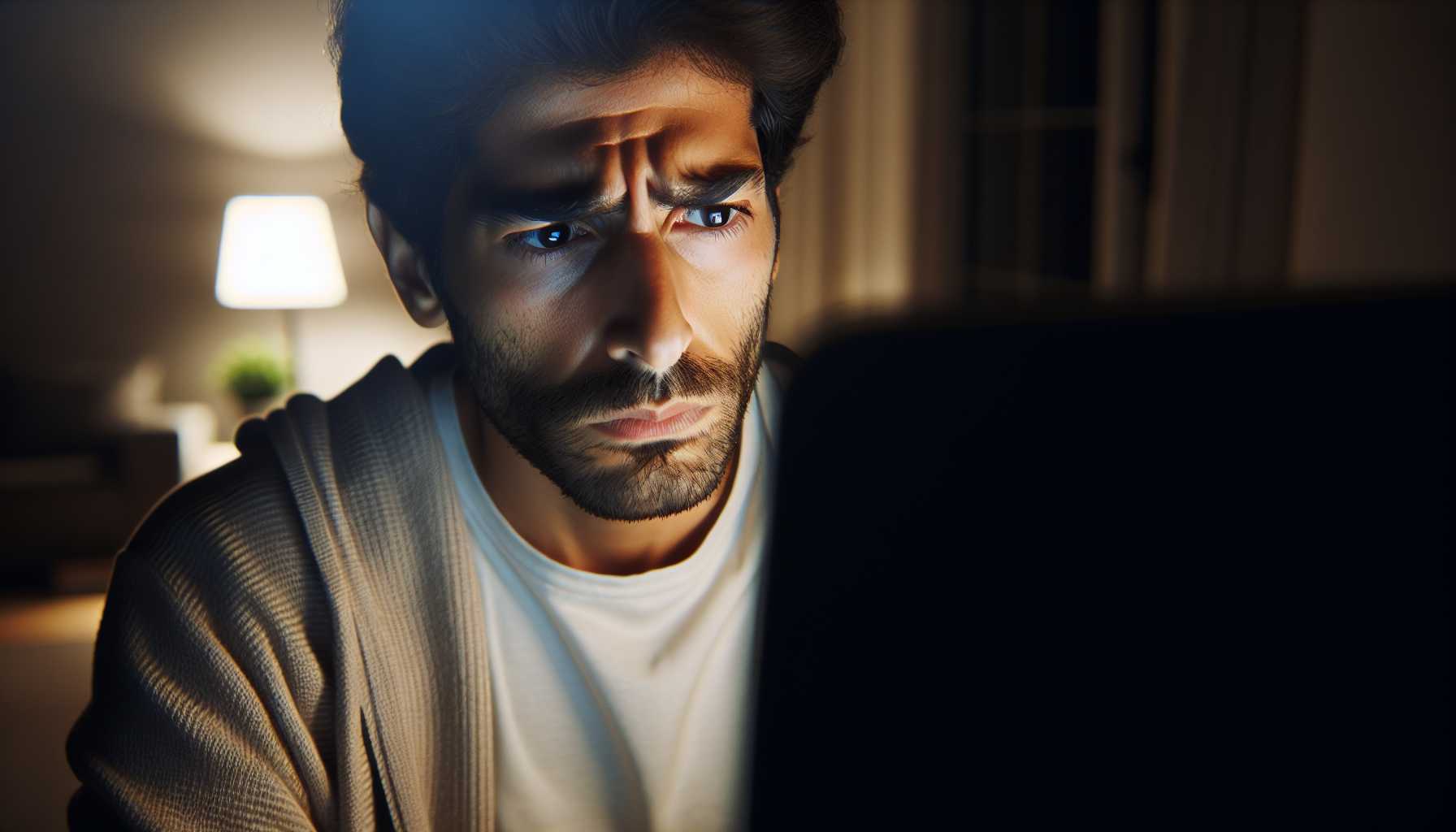 A person looking at a computer screen with a concerned expression on their face