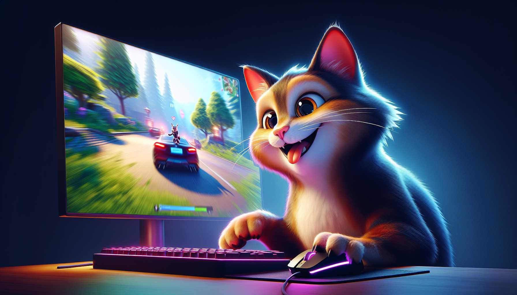 A happy cat playing video games on a computer